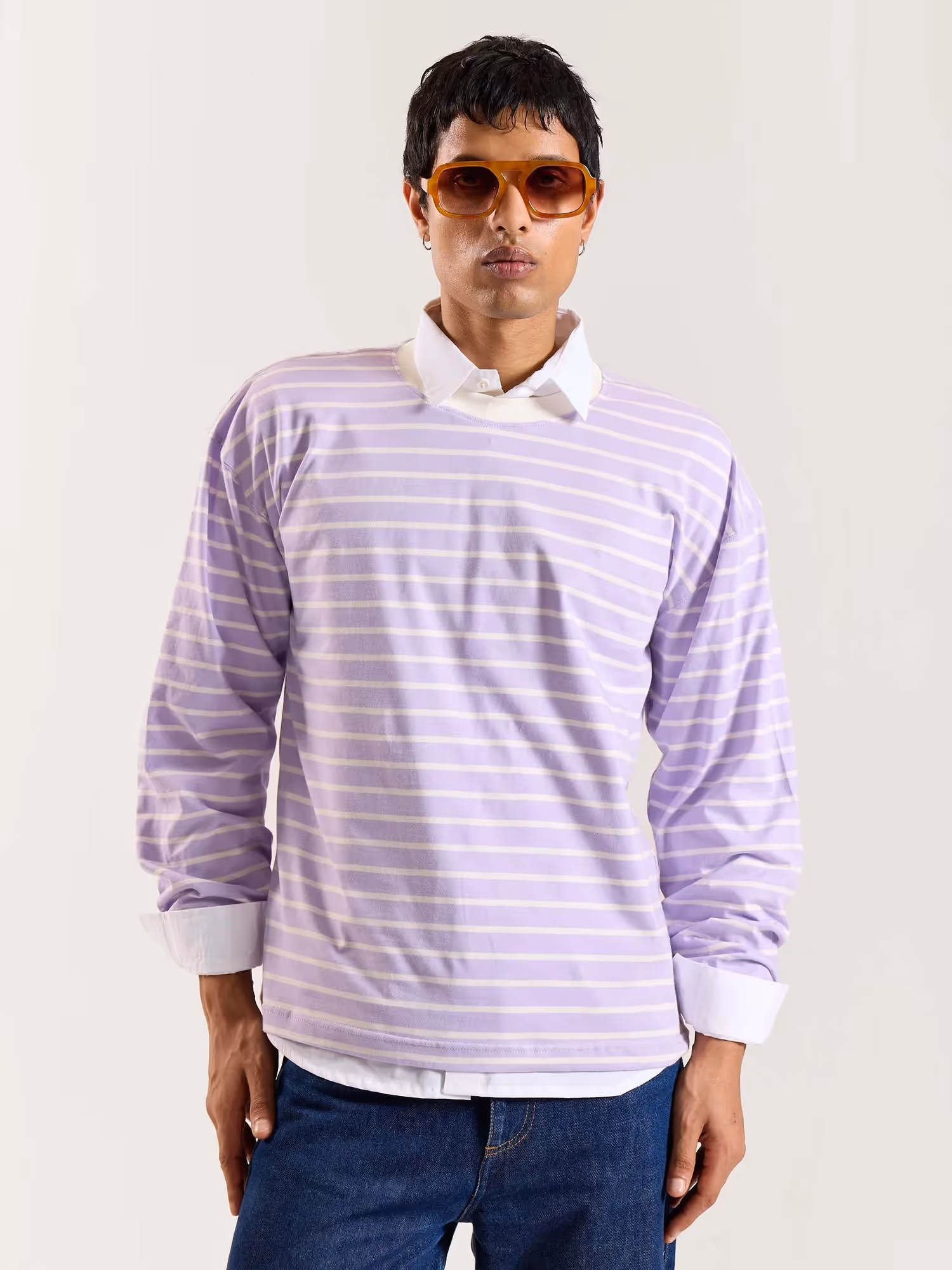 Lilac Striped Loose Fit Cropped T-Shirt image 3