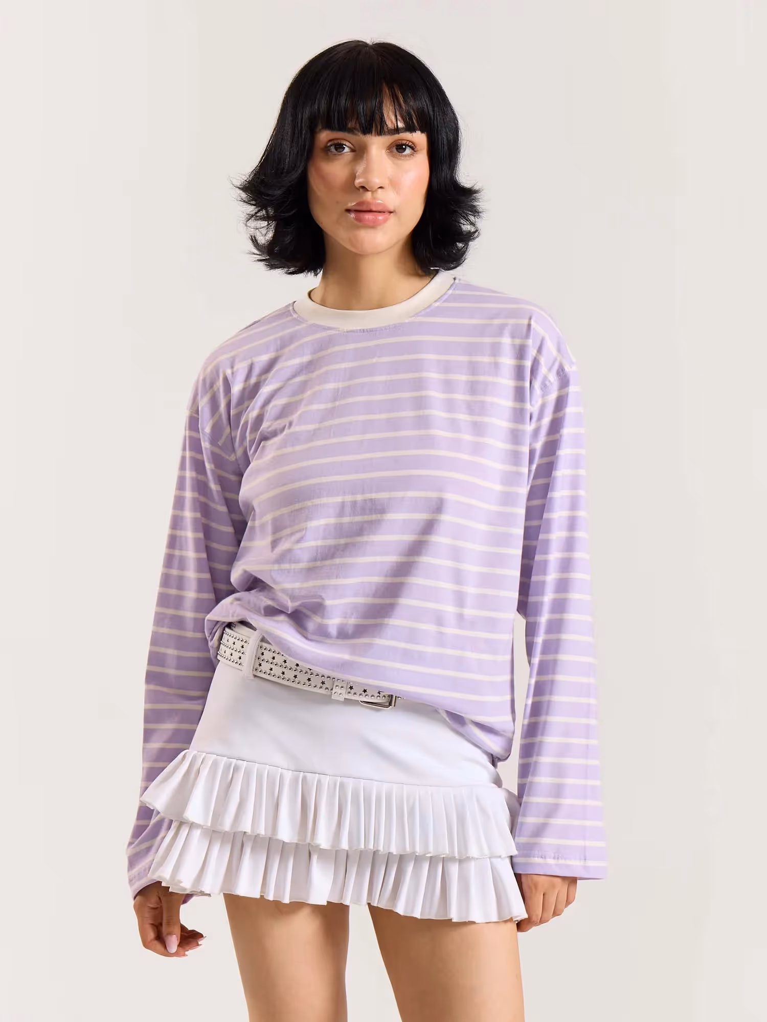 Lilac Striped Loose Fit Cropped T-Shirt image 4