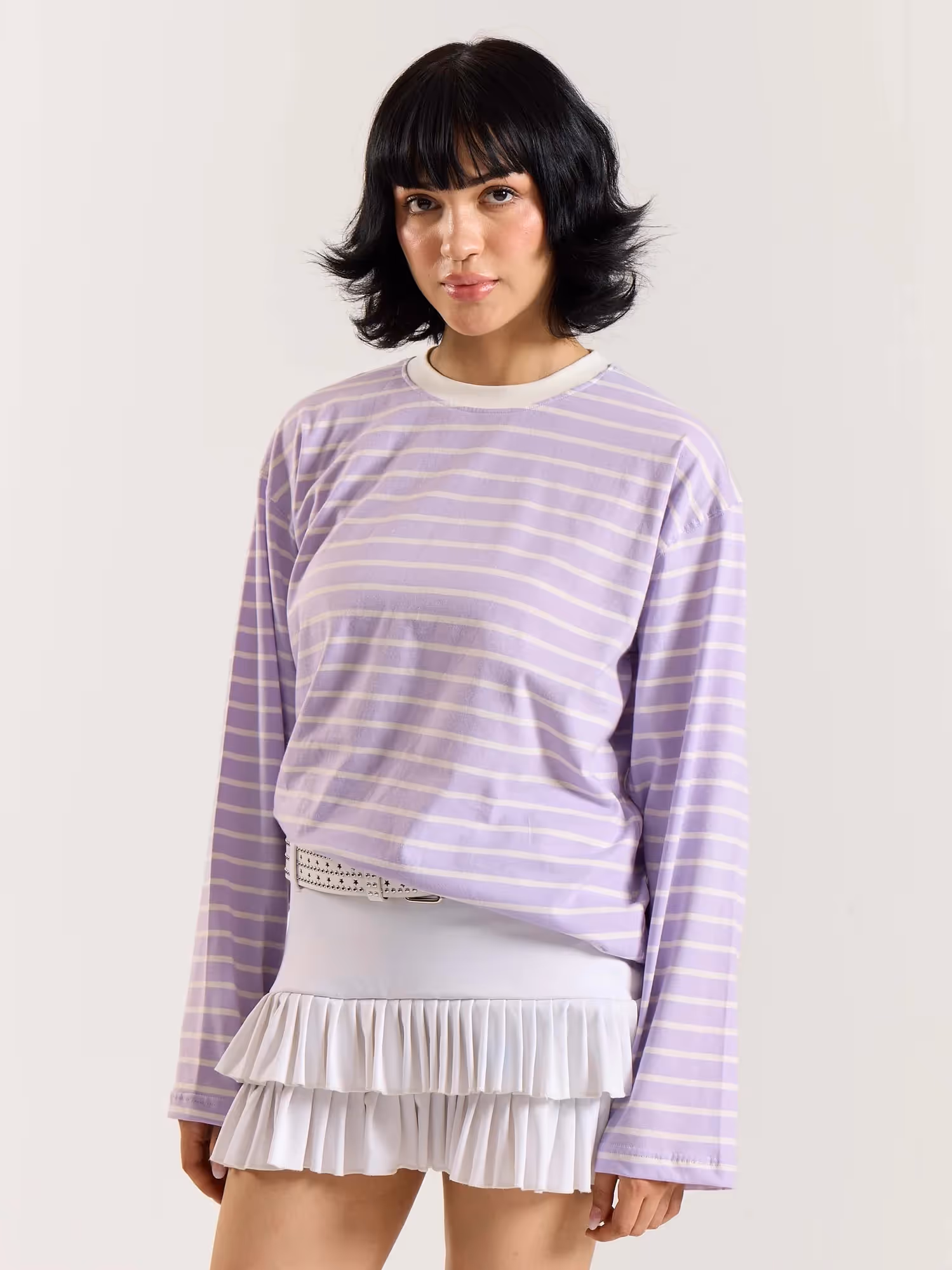 Lilac Striped Loose Fit Cropped T-Shirt image 5