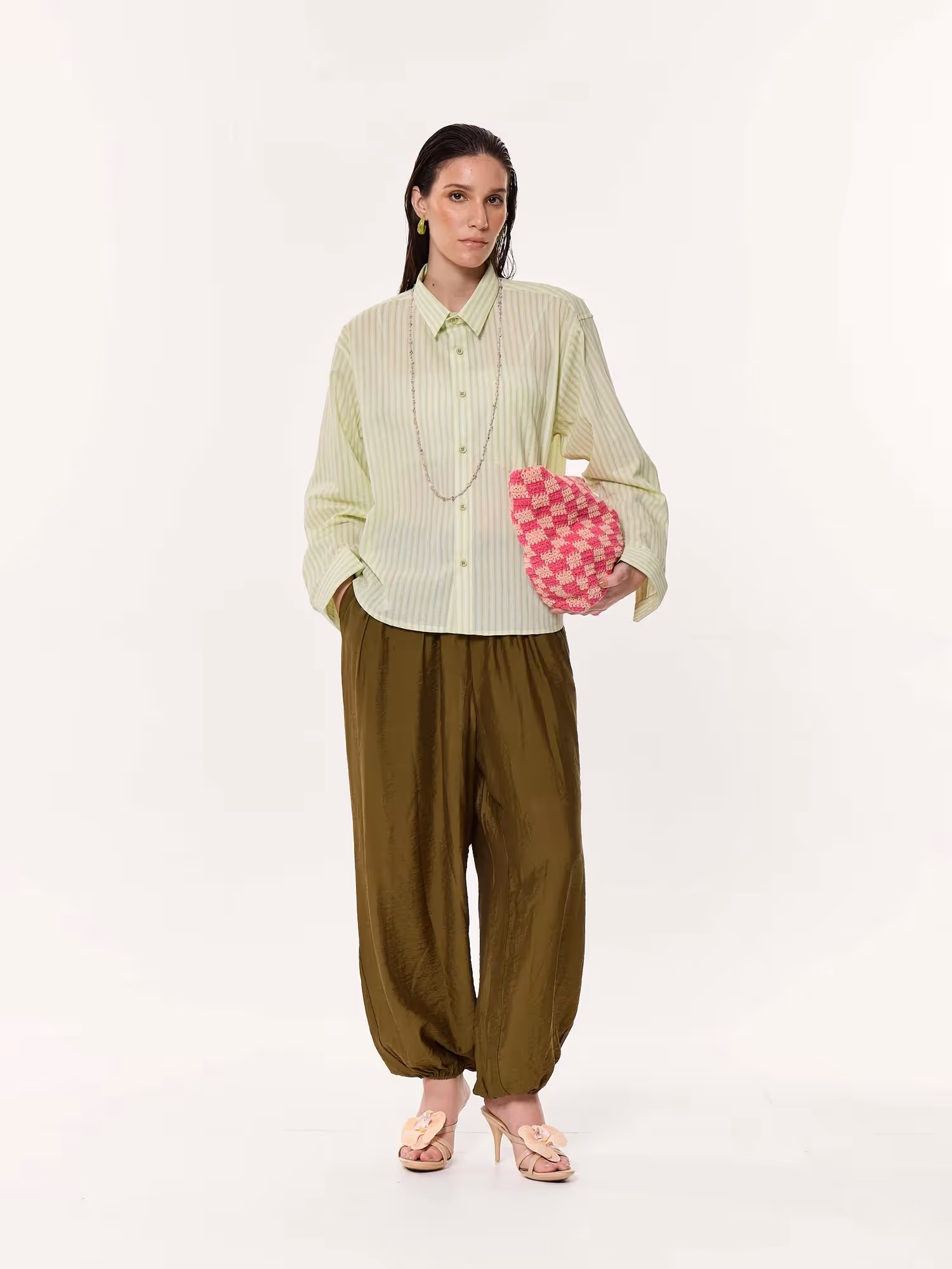 Melon Green Striped Oversized Cropped Shirt image 2