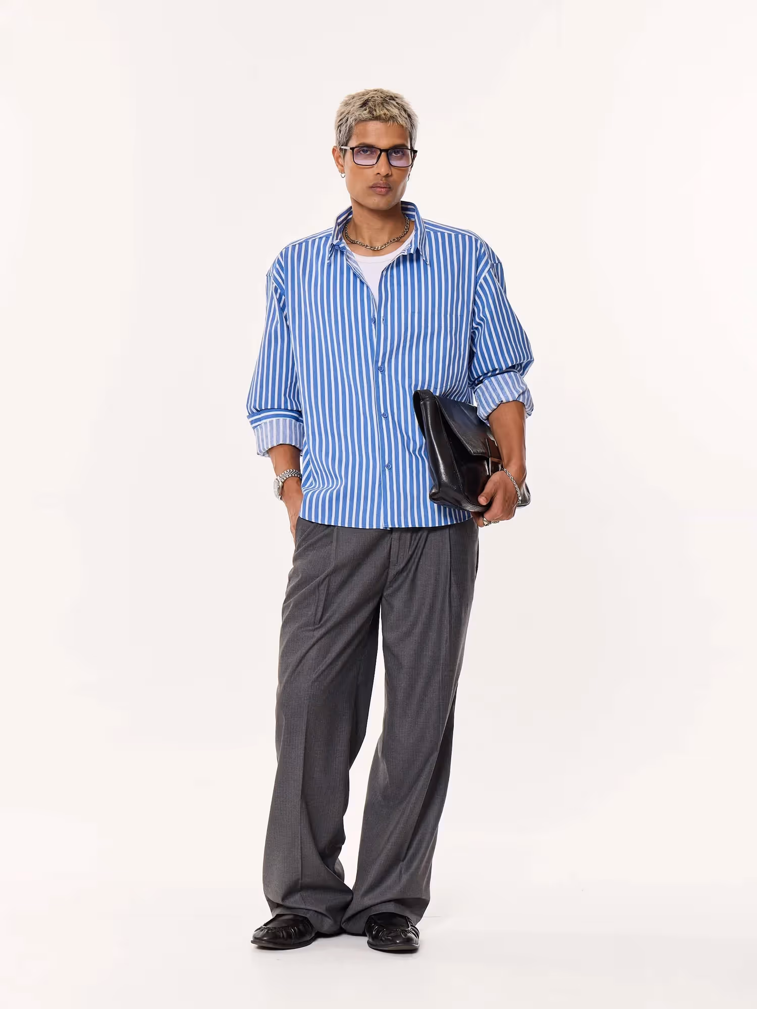 Mid Blue and White Striped Poplin Oversized Cropped Shirt image 1