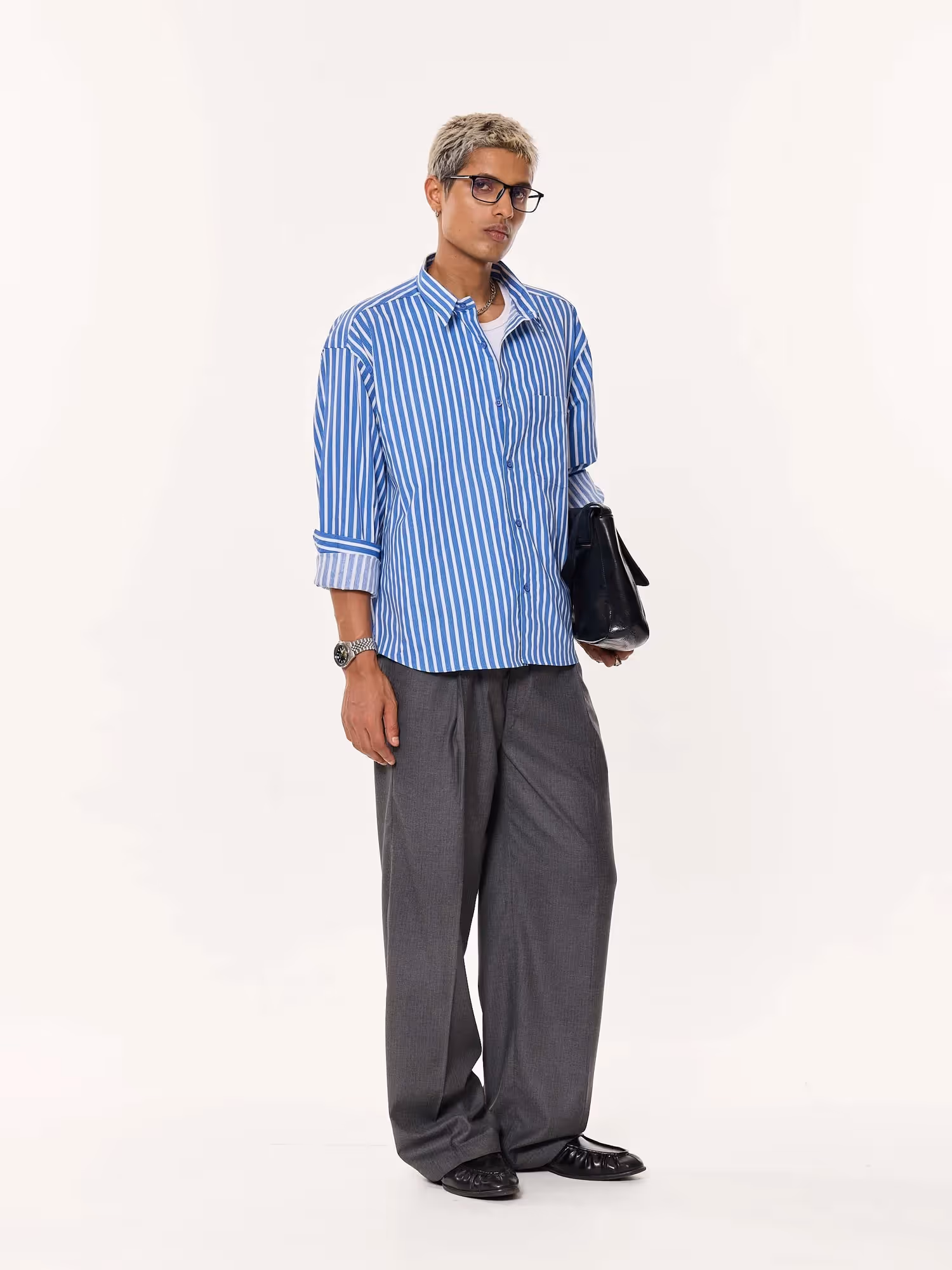 Mid Blue and White Striped Poplin Oversized Cropped Shirt image 3