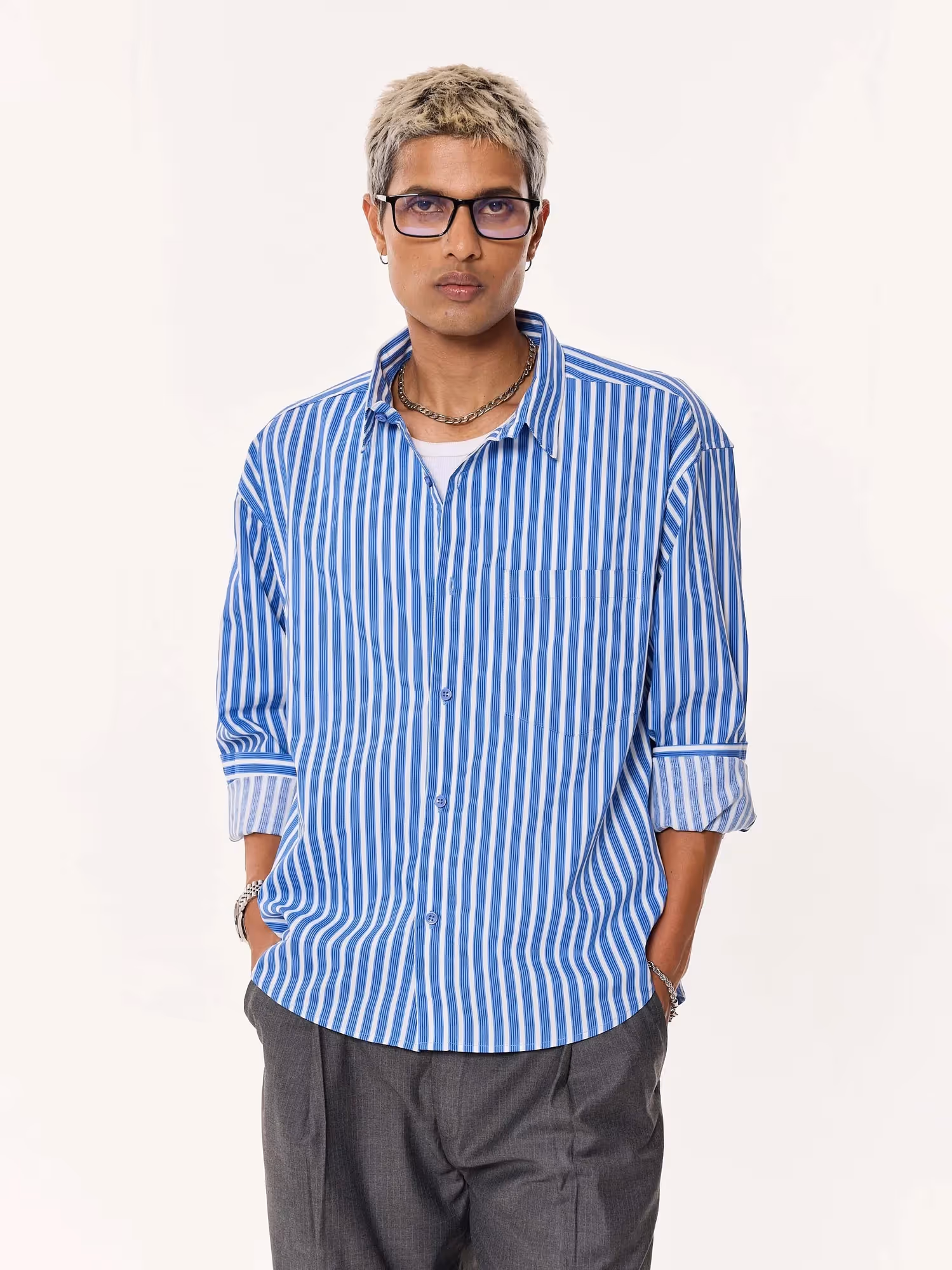 Mid Blue and White Striped Poplin Oversized Cropped Shirt image 5