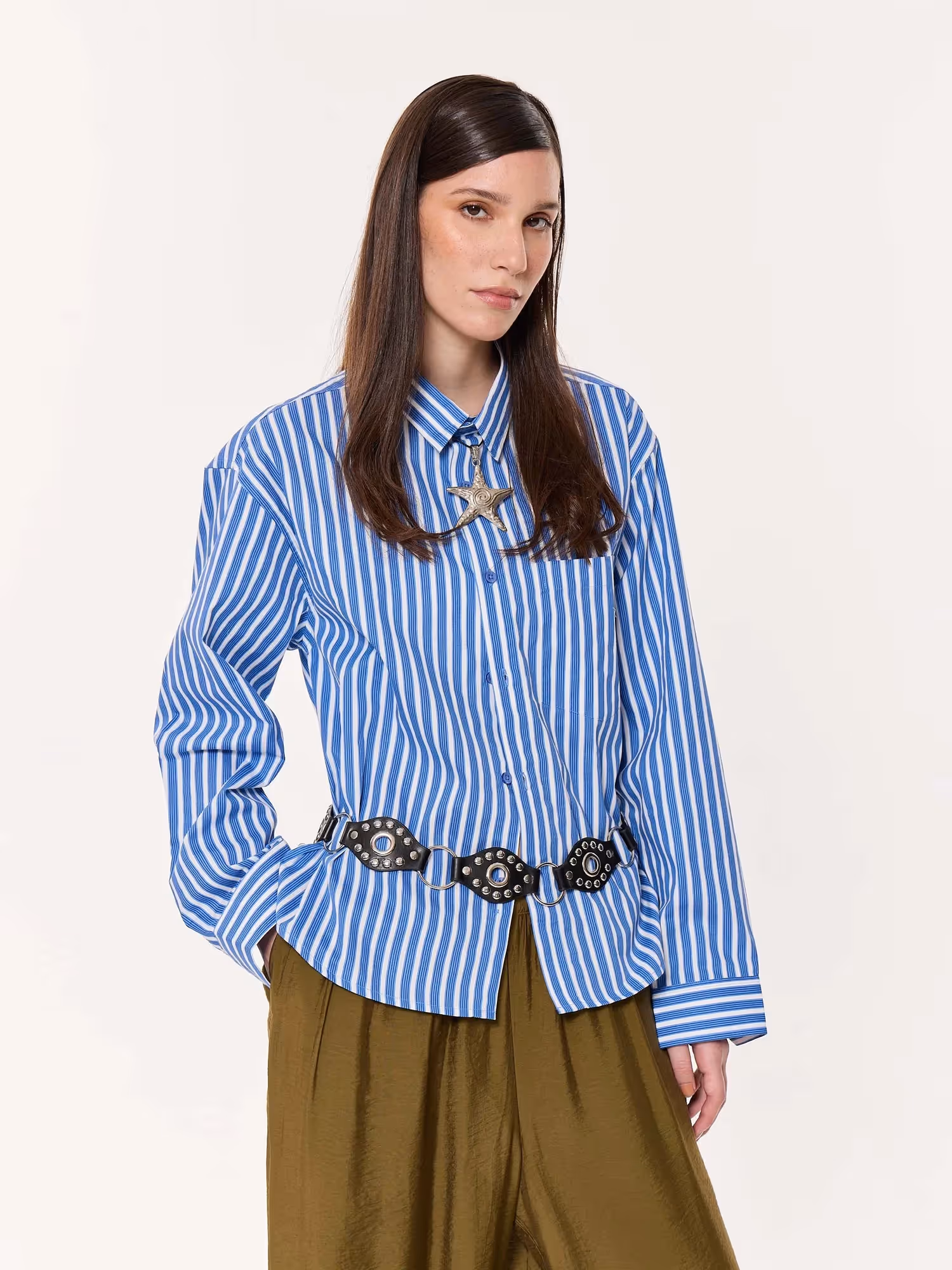 Mid Blue and White Striped Poplin Oversized Cropped Shirt image 6