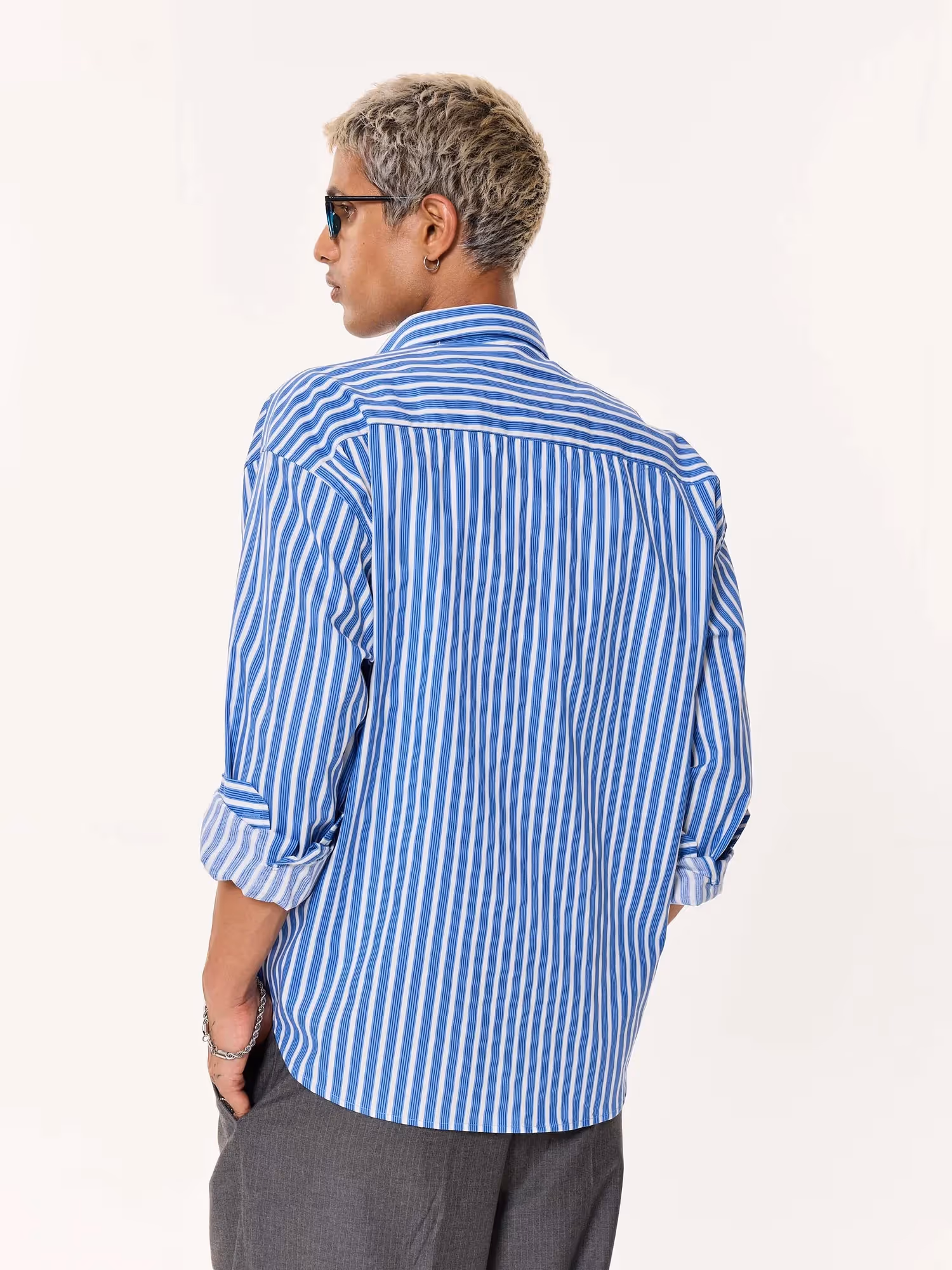Mid Blue and White Striped Poplin Oversized Cropped Shirt image 7