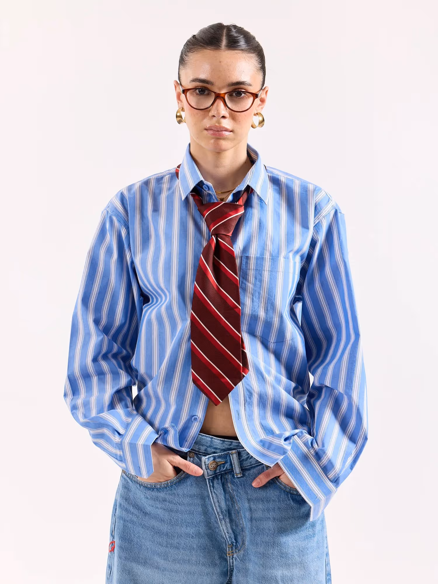 Mid Blue and White Striped Poplin Oversized Shirt image 4