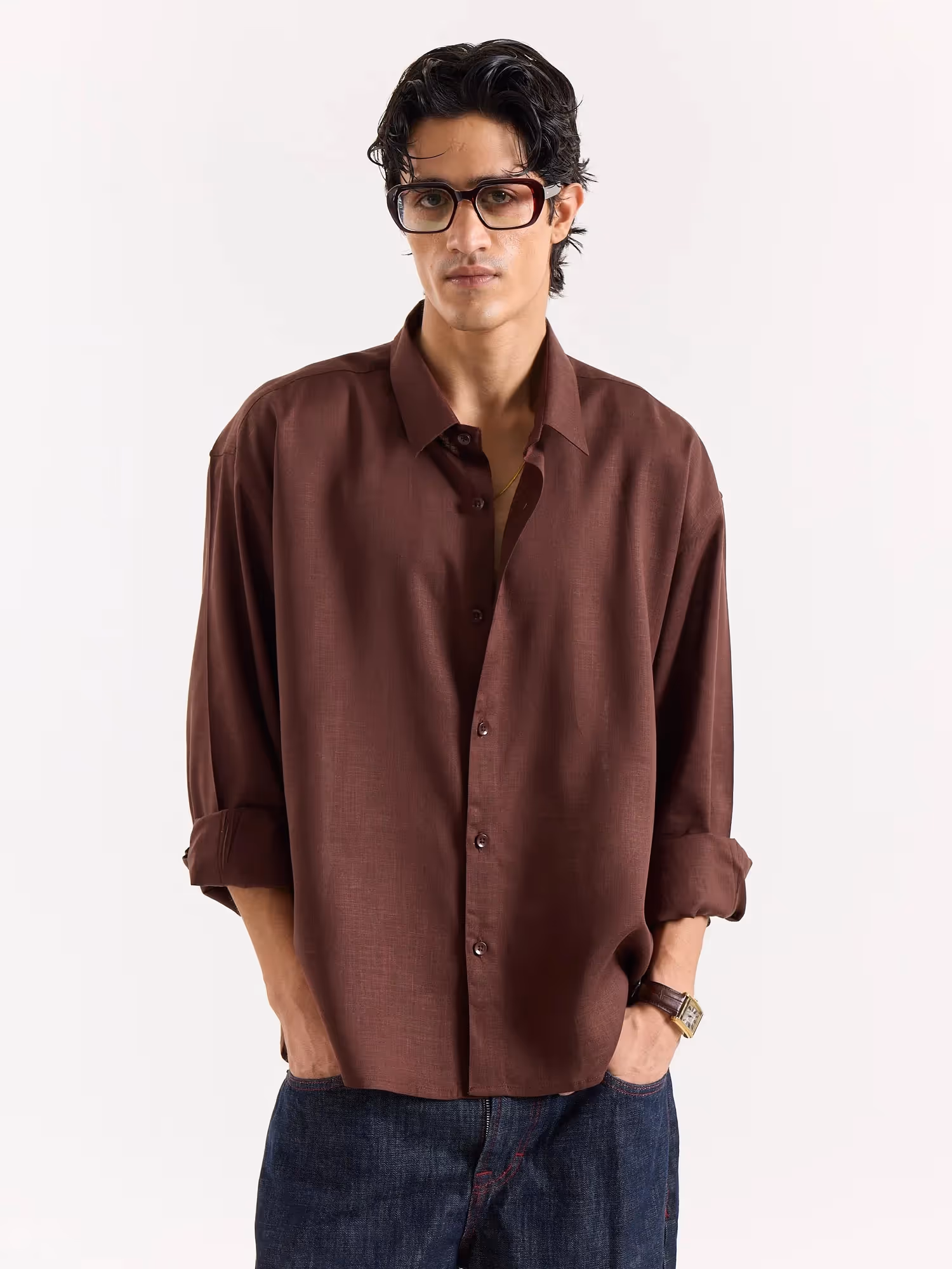 Mocha Brown Linen Cropped Shirt image 2