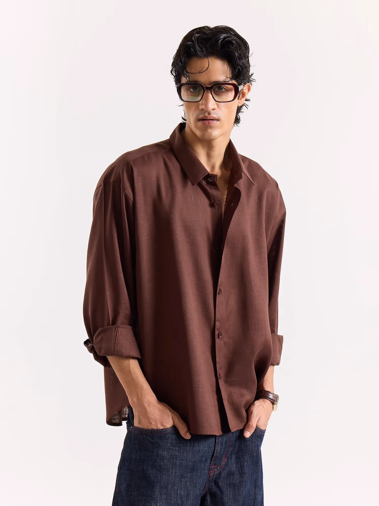 Mocha Brown Linen Cropped Shirt image 4