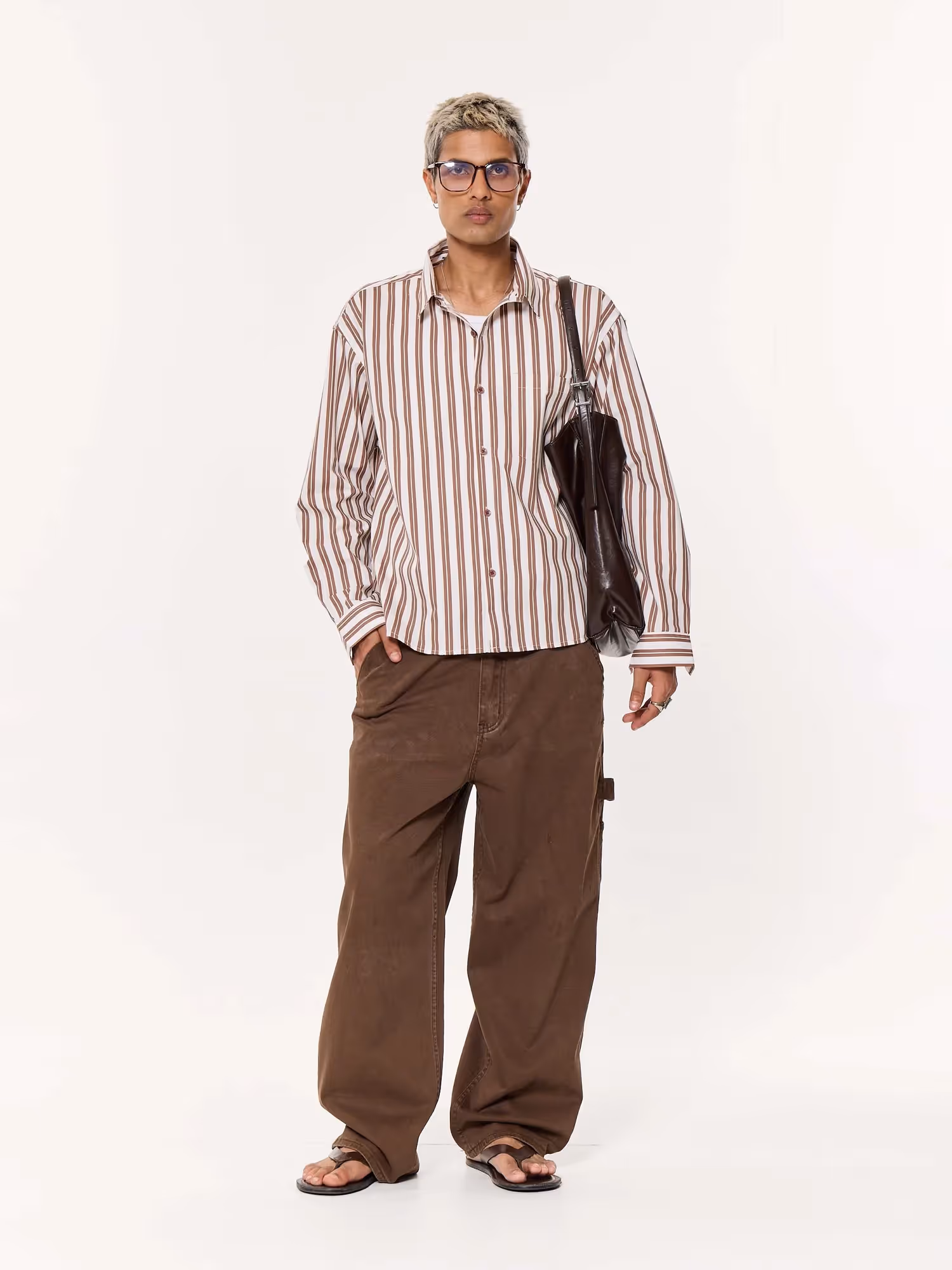 Mocha Striped Oversized Cropped Shirt image 1