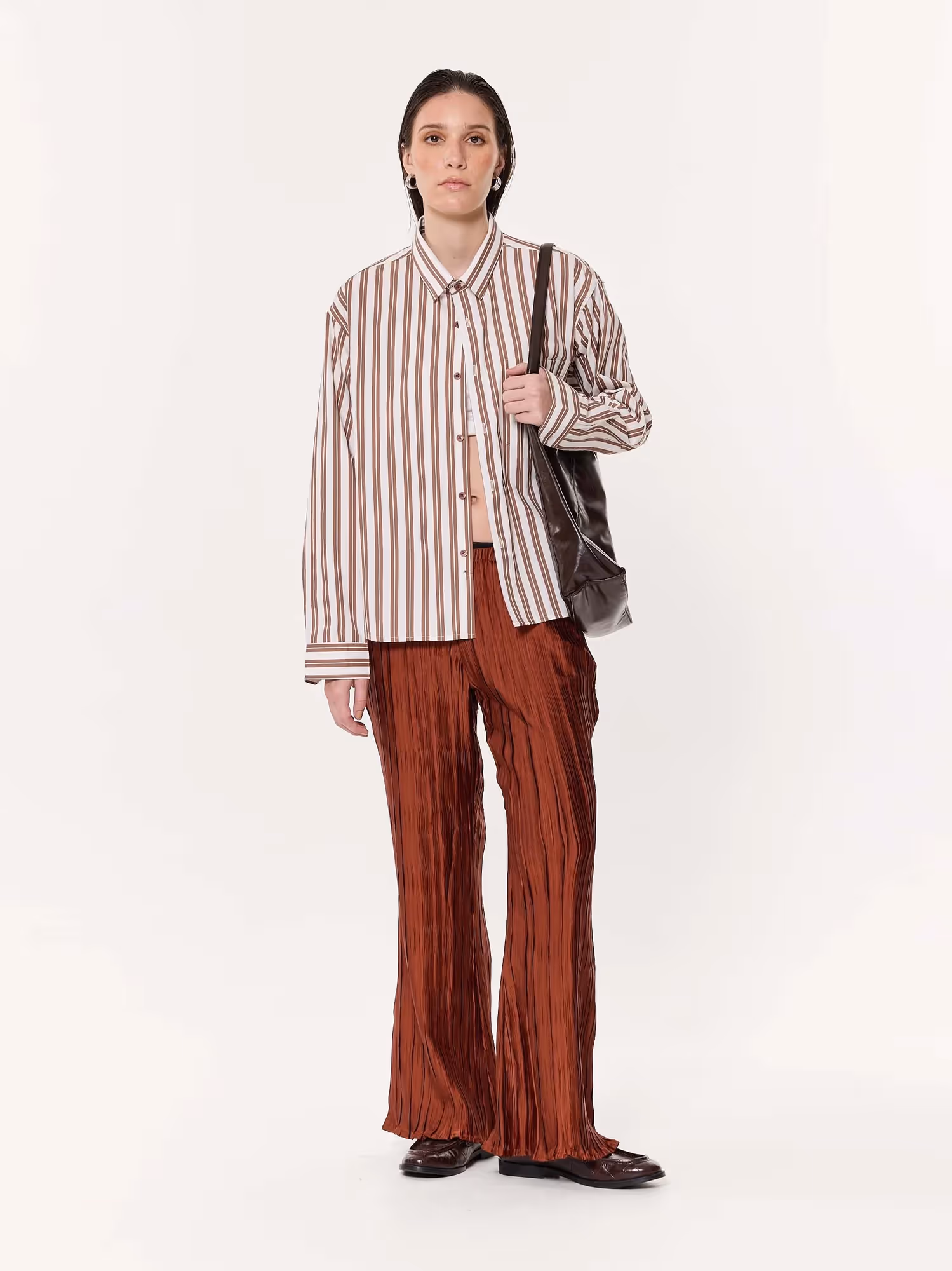 Mocha Striped Oversized Cropped Shirt image 2