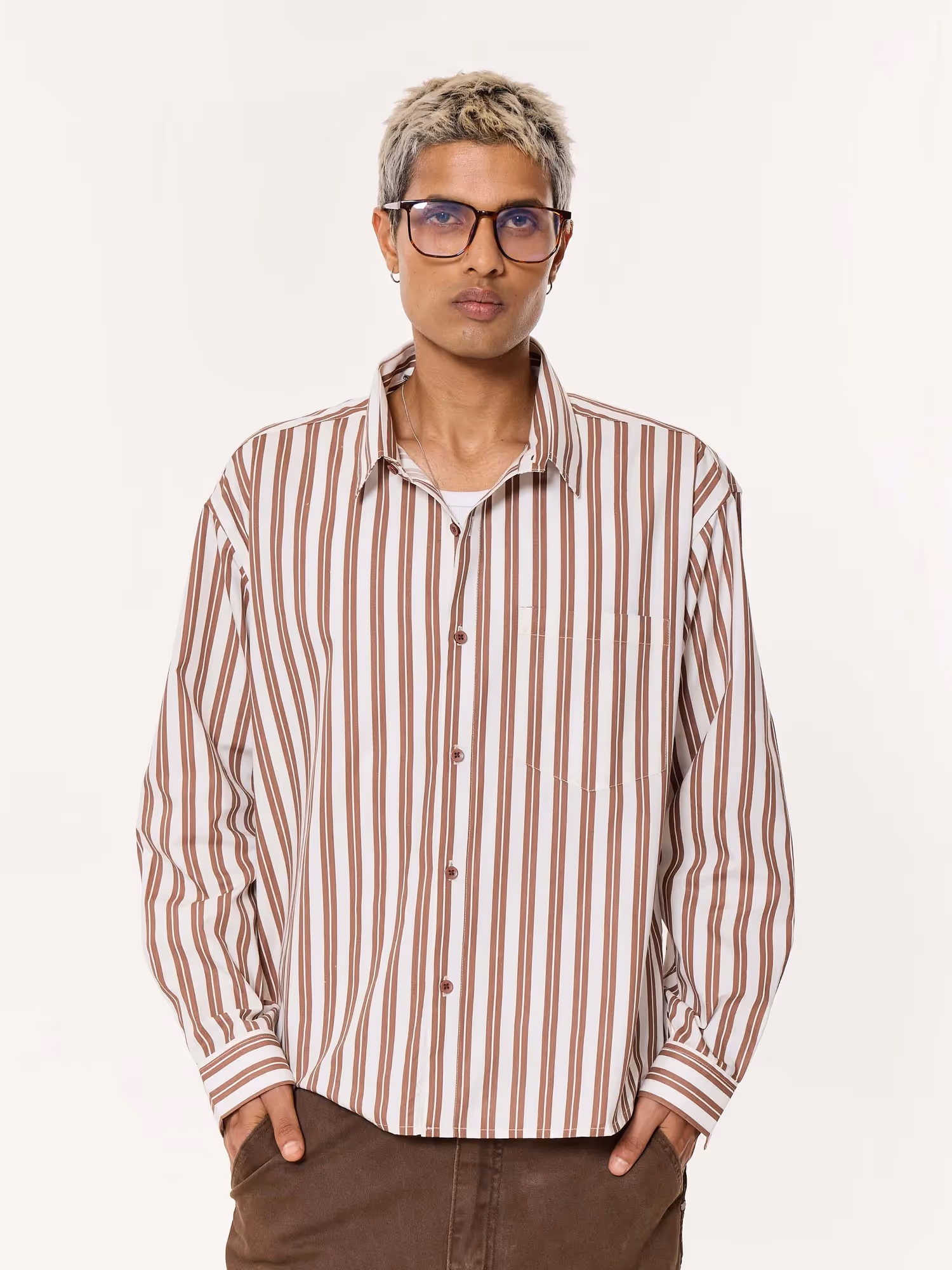 Mocha Striped Oversized Cropped Shirt image 3