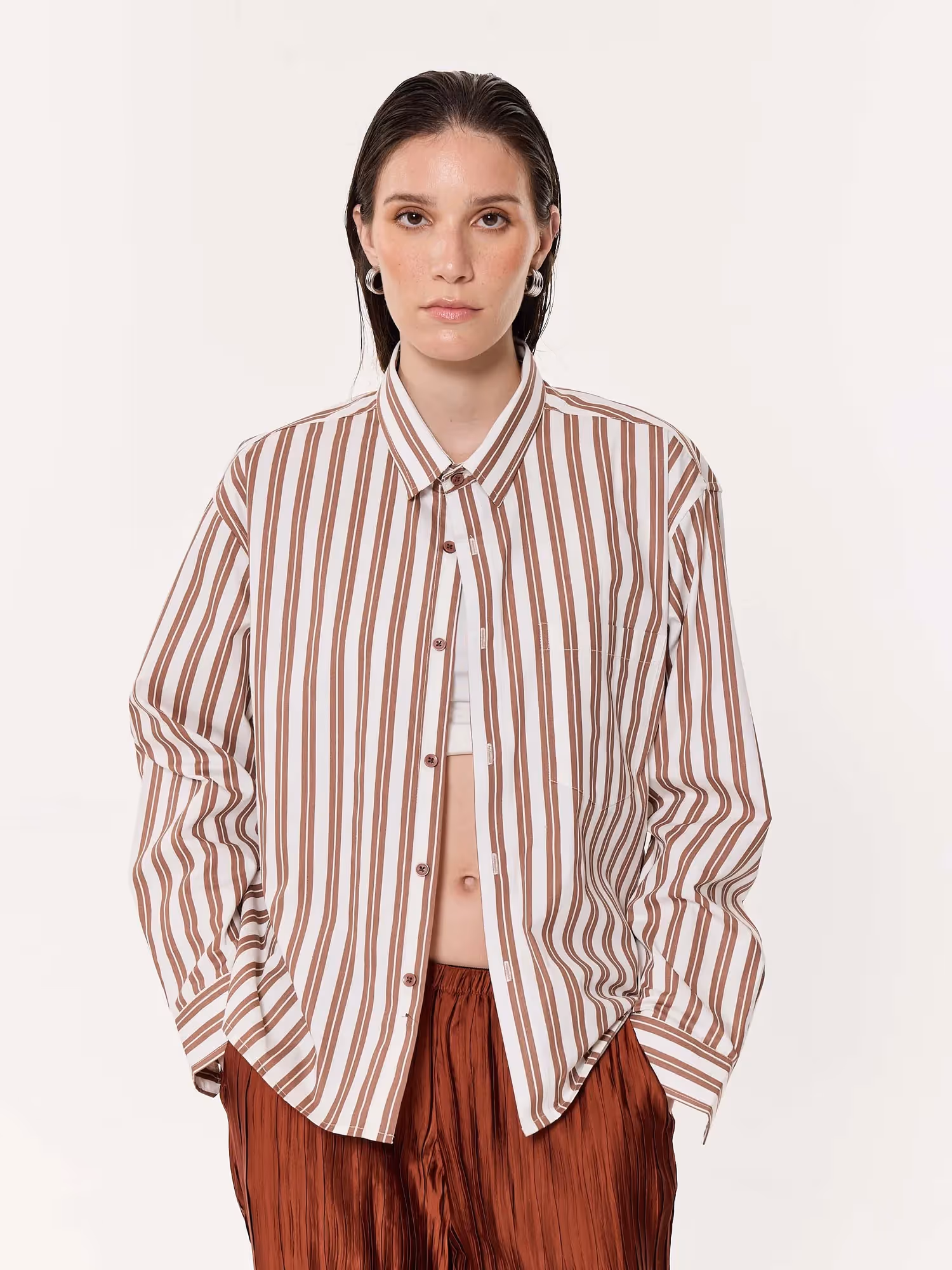 Mocha Striped Oversized Cropped Shirt image 4