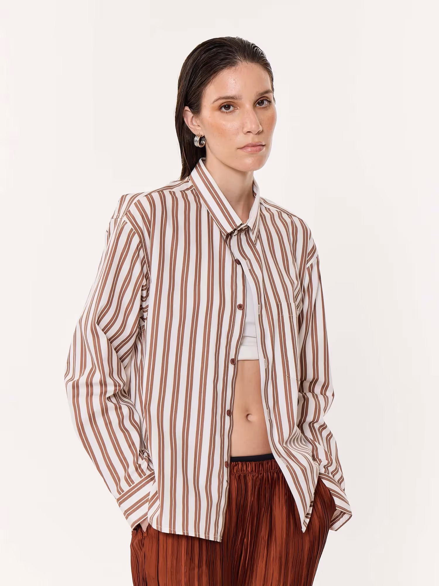 Mocha Striped Oversized Cropped Shirt image 6