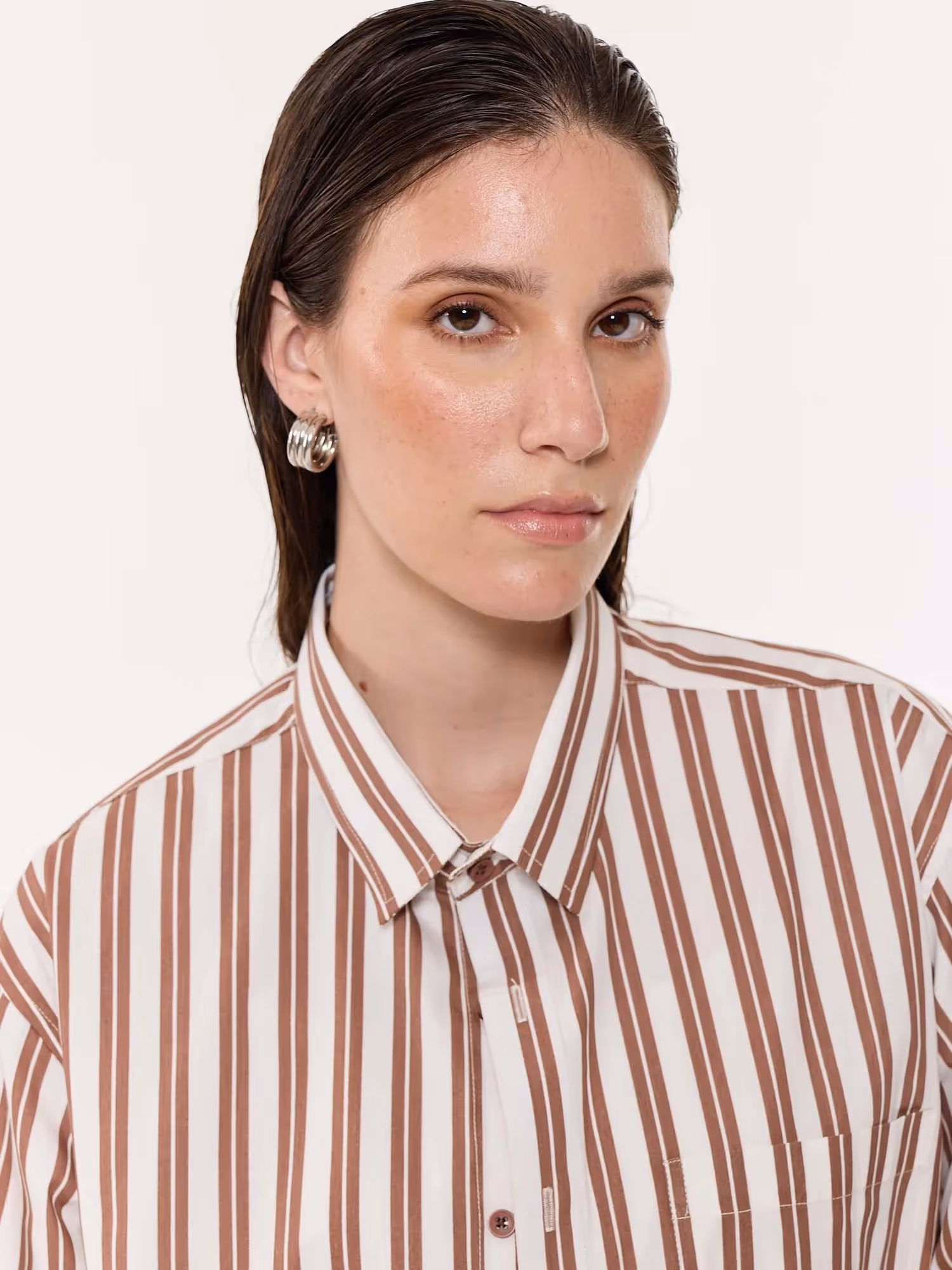 Mocha Striped Oversized Cropped Shirt image 8