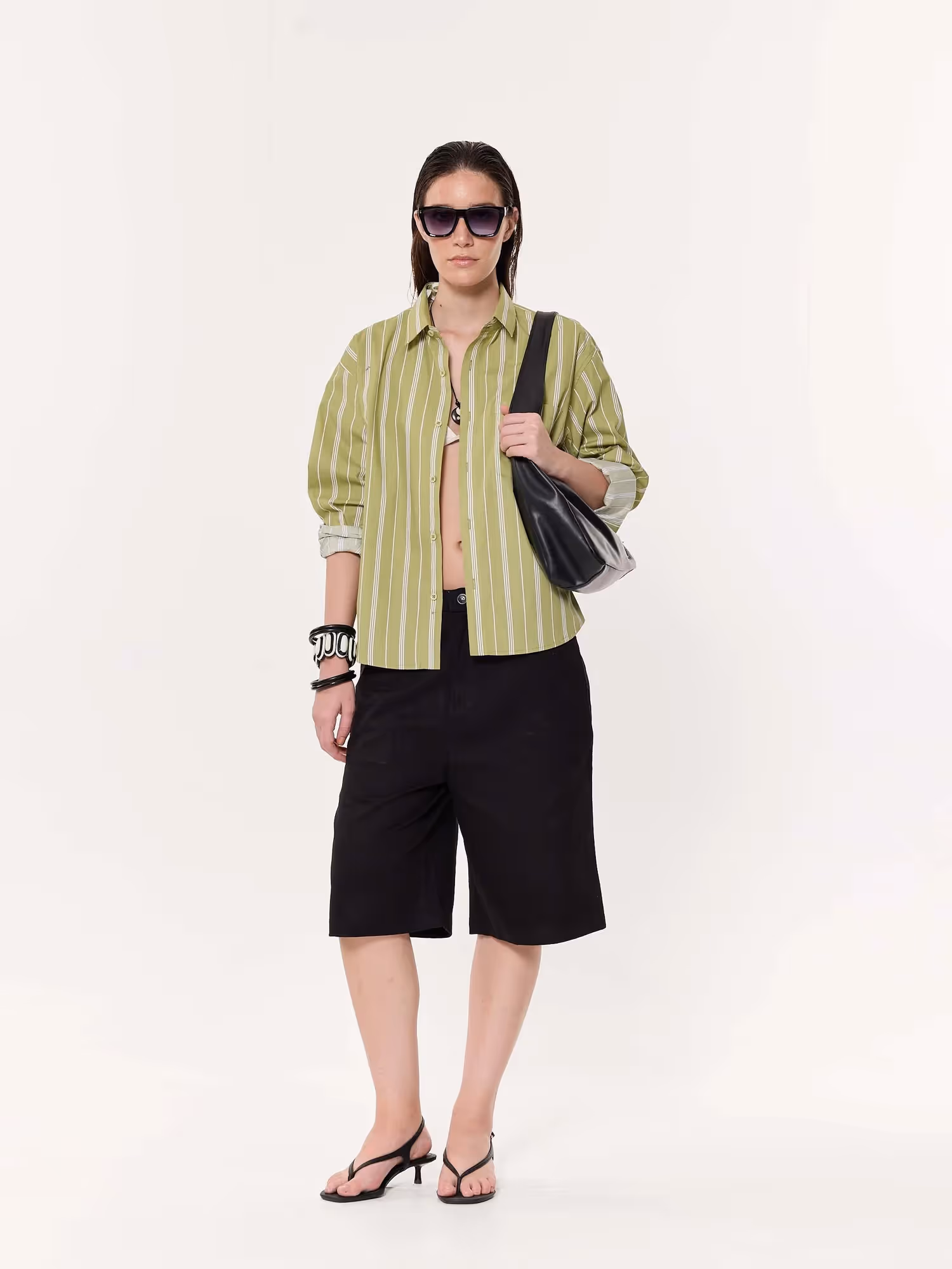 Moss Green Striped Oversized Cropped Shirt image 2