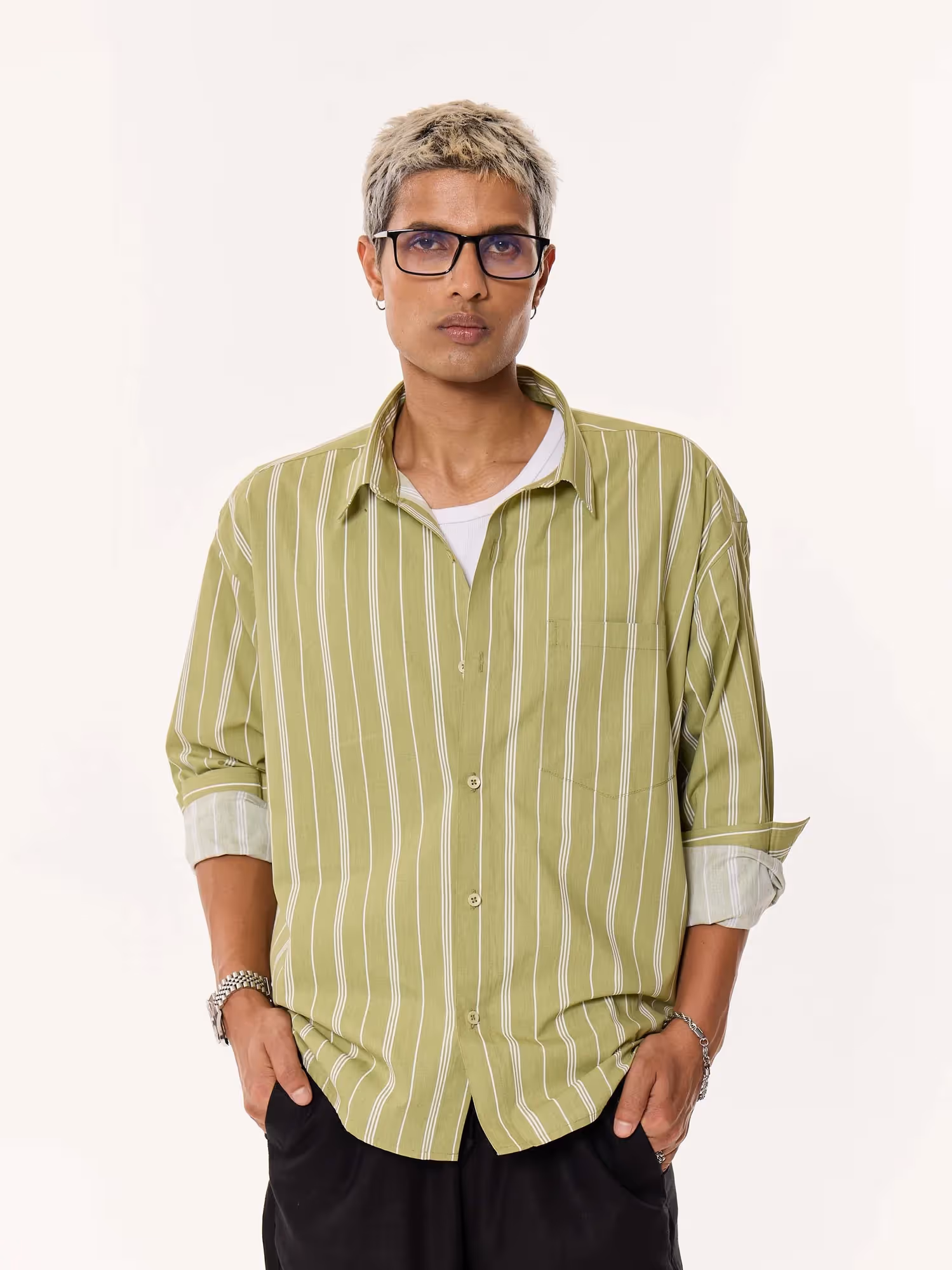 Moss Green Striped Oversized Cropped Shirt image 3