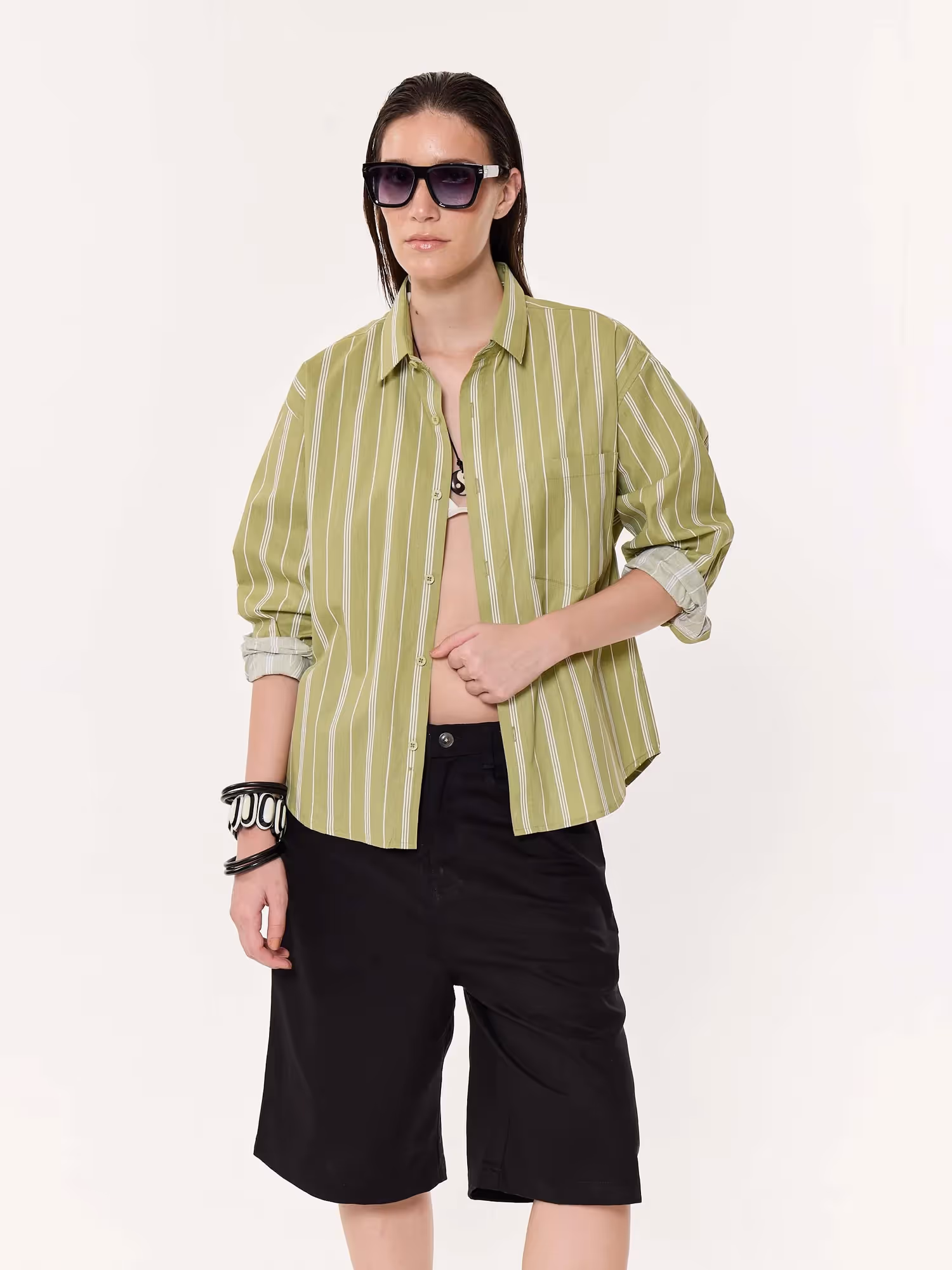 Moss Green Striped Oversized Cropped Shirt image 4
