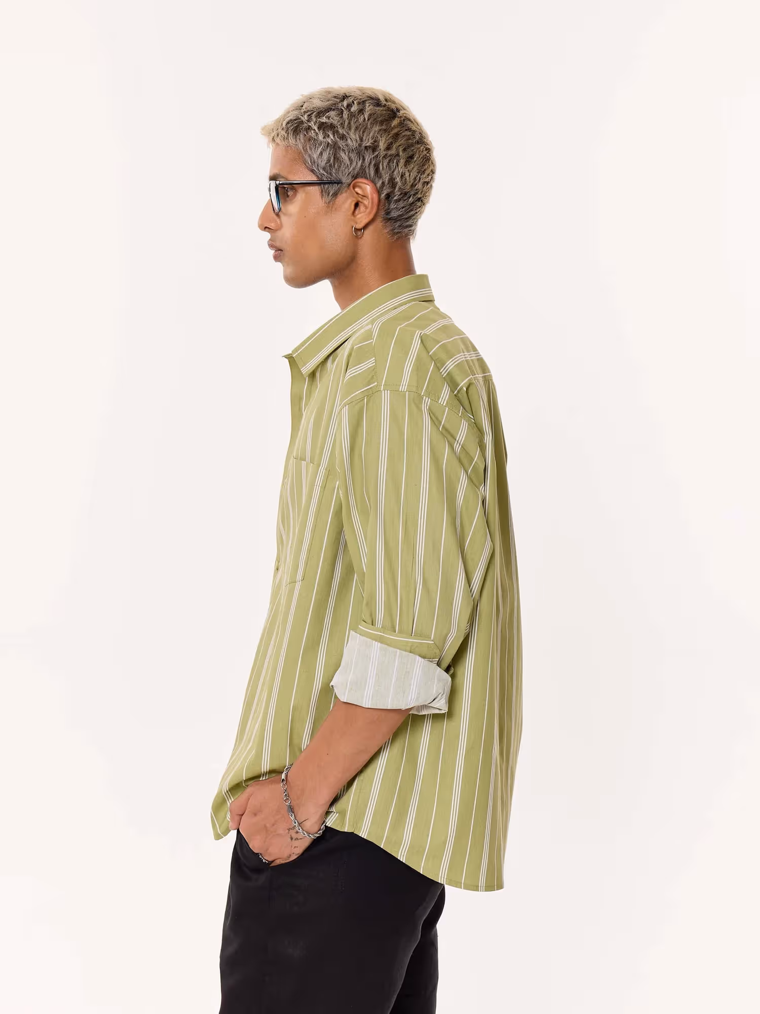 Moss Green Striped Oversized Cropped Shirt image 5