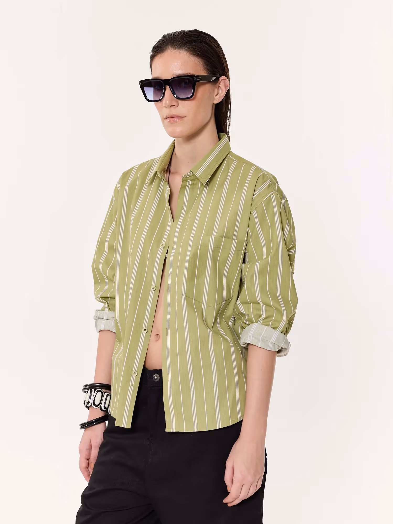 Moss Green Striped Oversized Cropped Shirt image 6