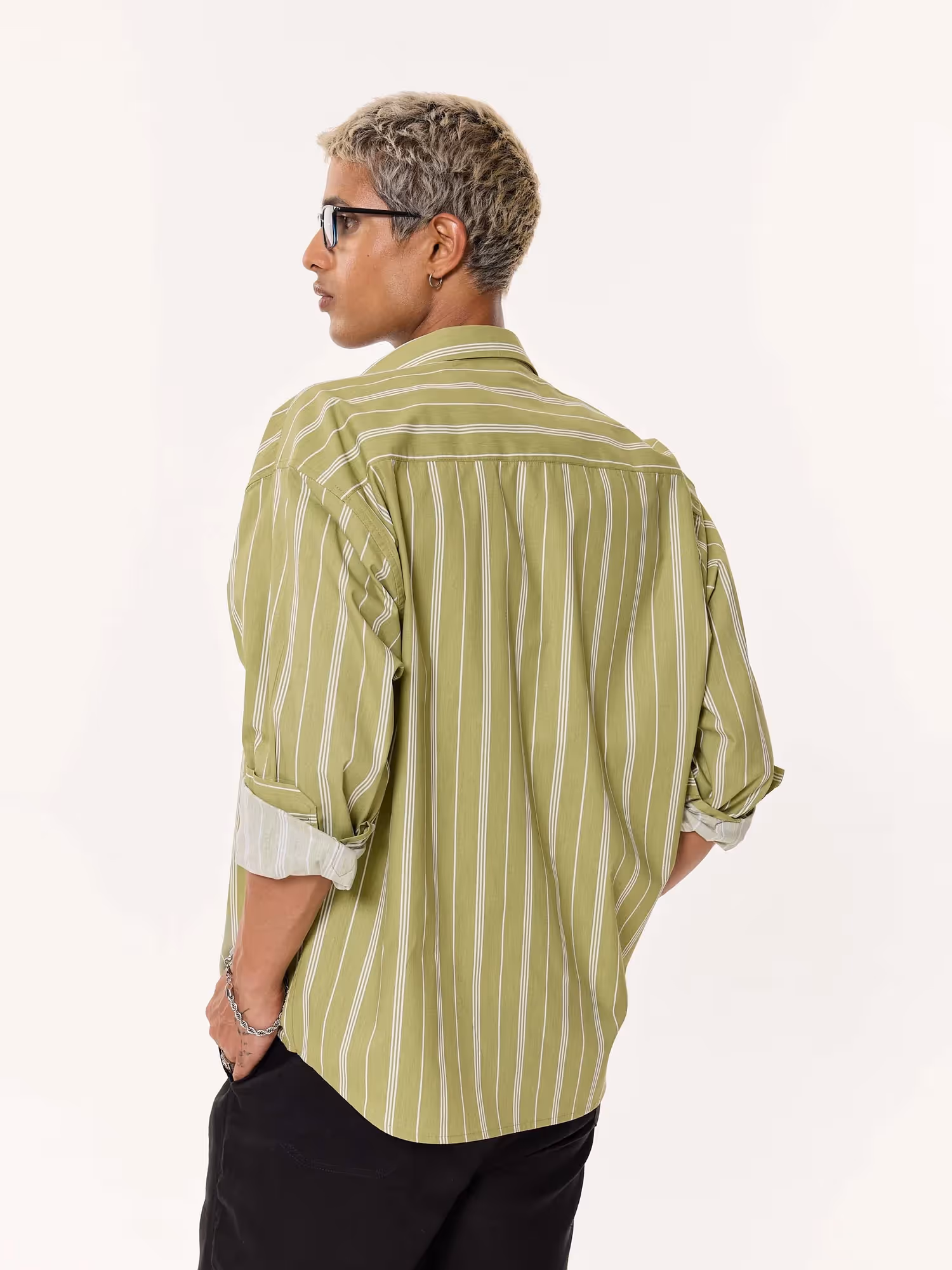 Moss Green Striped Oversized Cropped Shirt image 7
