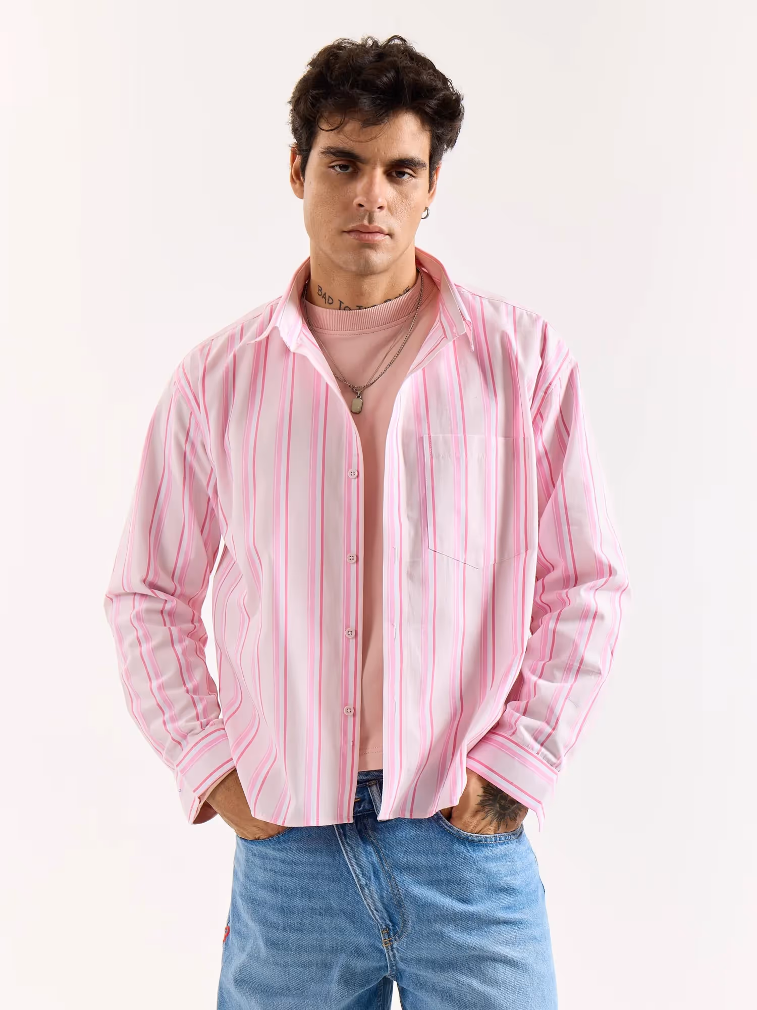 Multi Pink Striped Poplin Oversized Shirt image 3