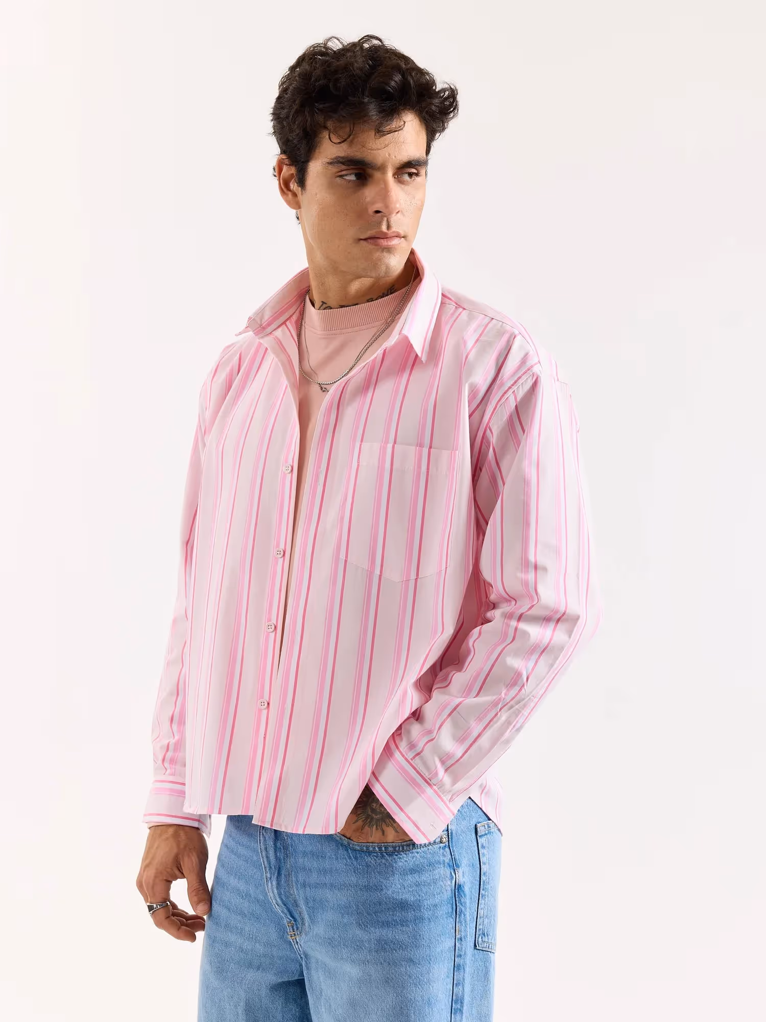 Multi Pink Striped Poplin Oversized Shirt image 6