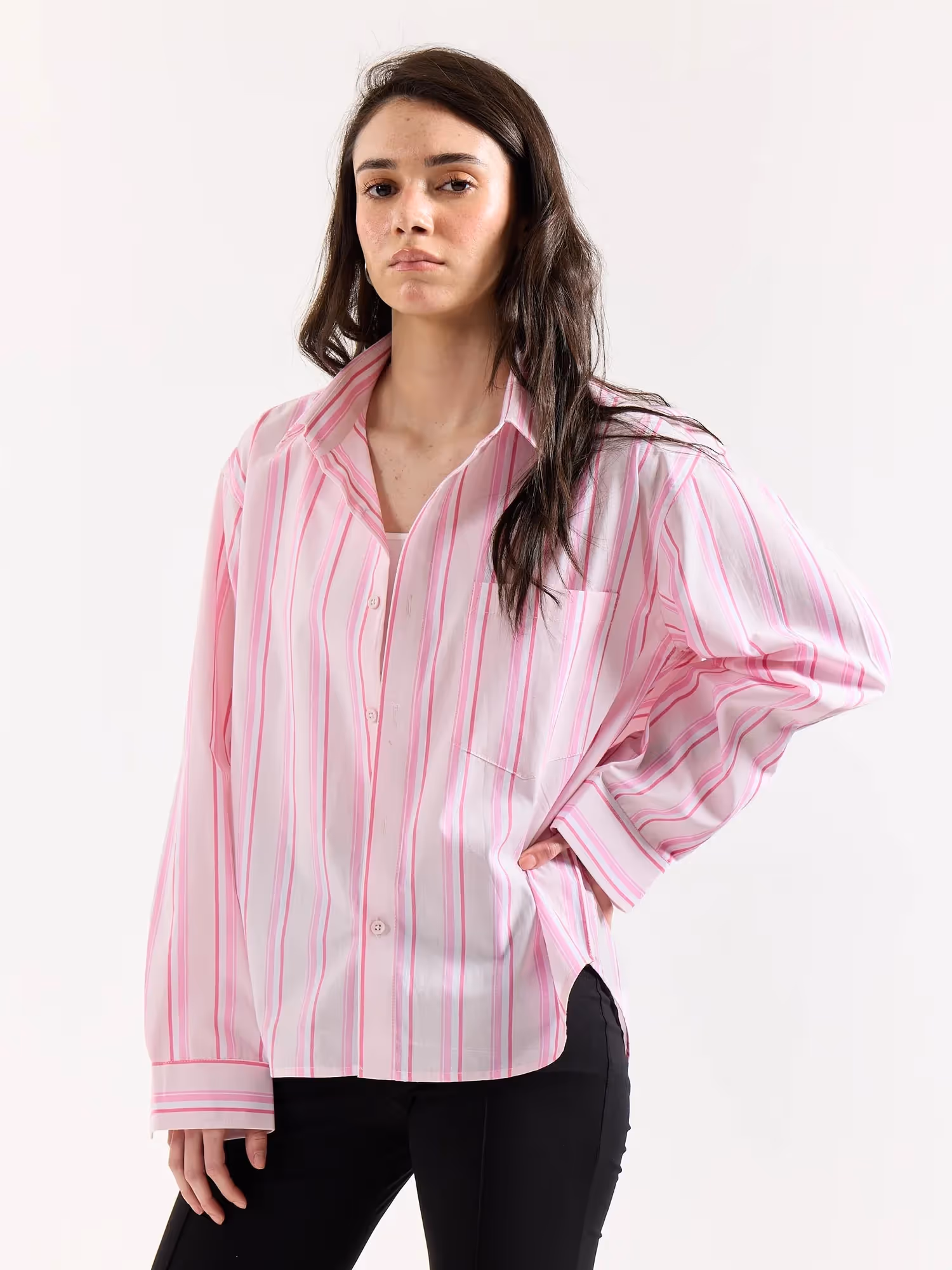 Multi Pink Striped Poplin Oversized Shirt image 7