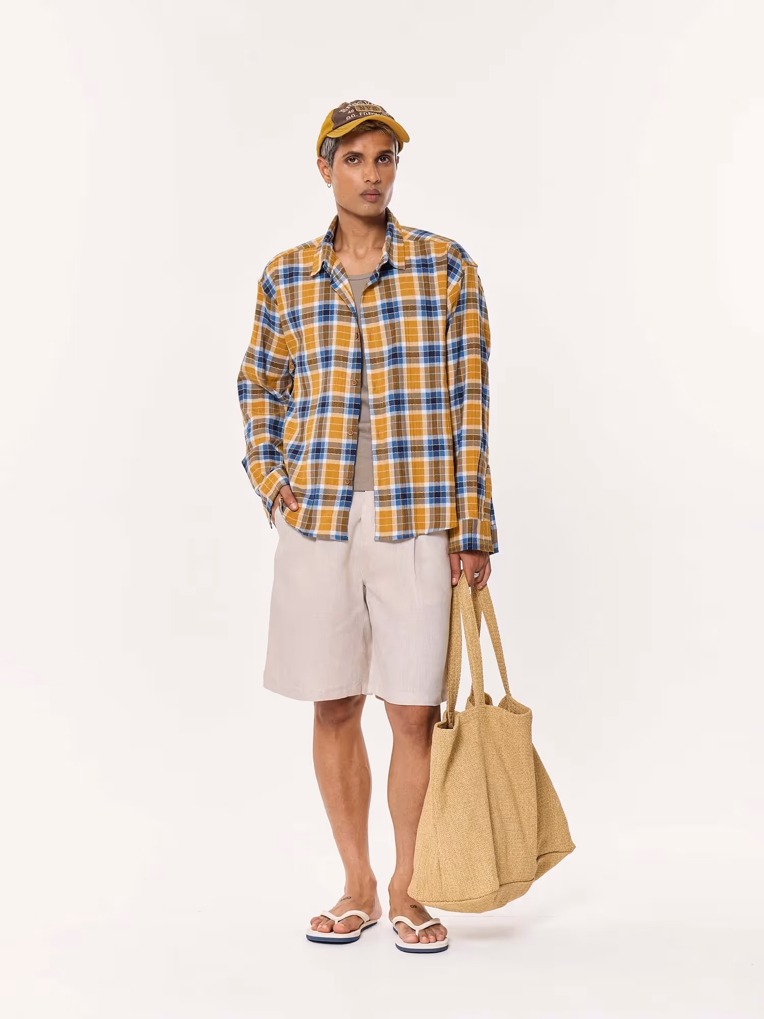 Mustard Yellow Multichecked Oversized Cropped Shirt image 1