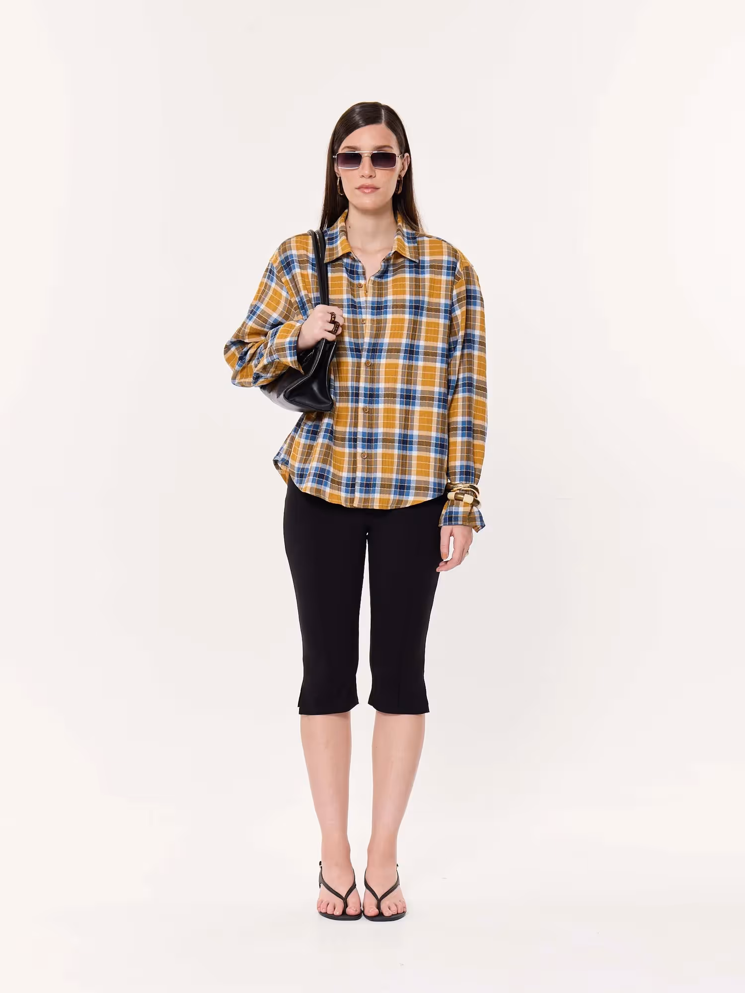Mustard Yellow Multichecked Oversized Cropped Shirt image 2