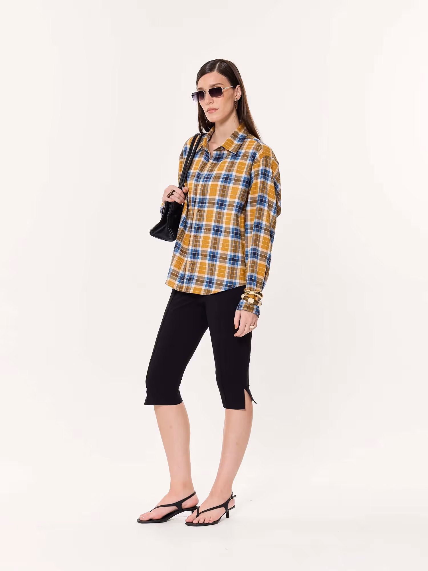 Mustard Yellow Multichecked Oversized Cropped Shirt image 3