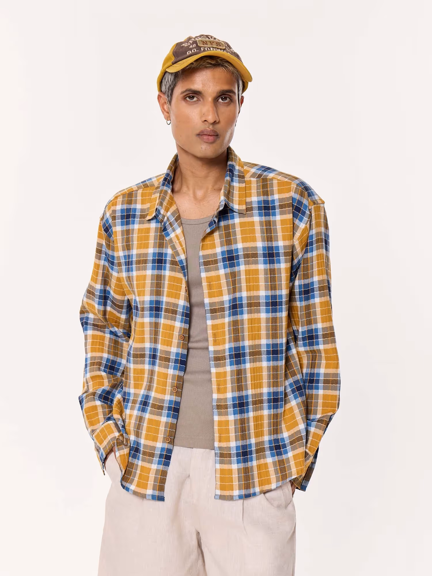 Mustard Yellow Multichecked Oversized Cropped Shirt image 4