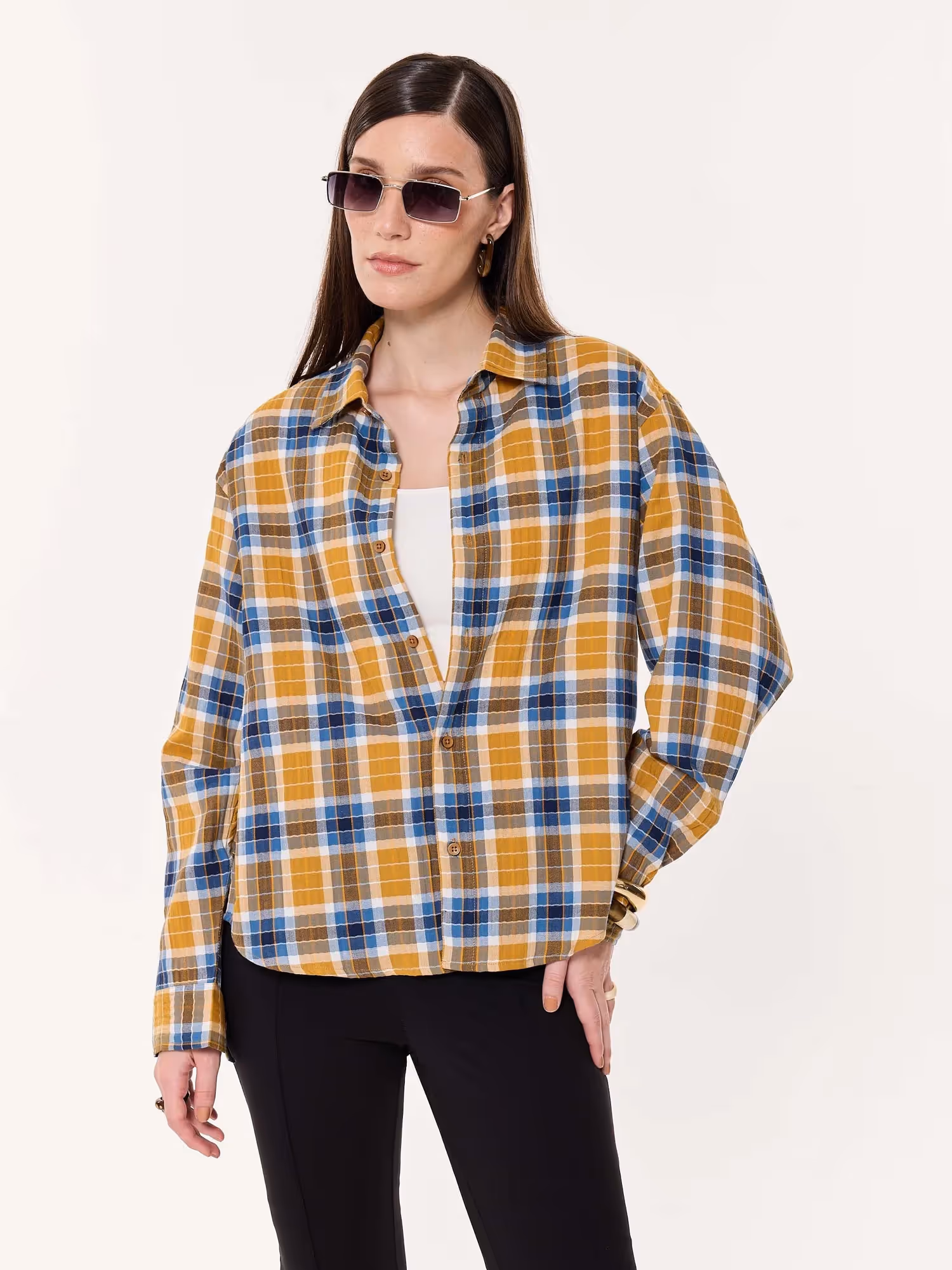 Mustard Yellow Multichecked Oversized Cropped Shirt image 5