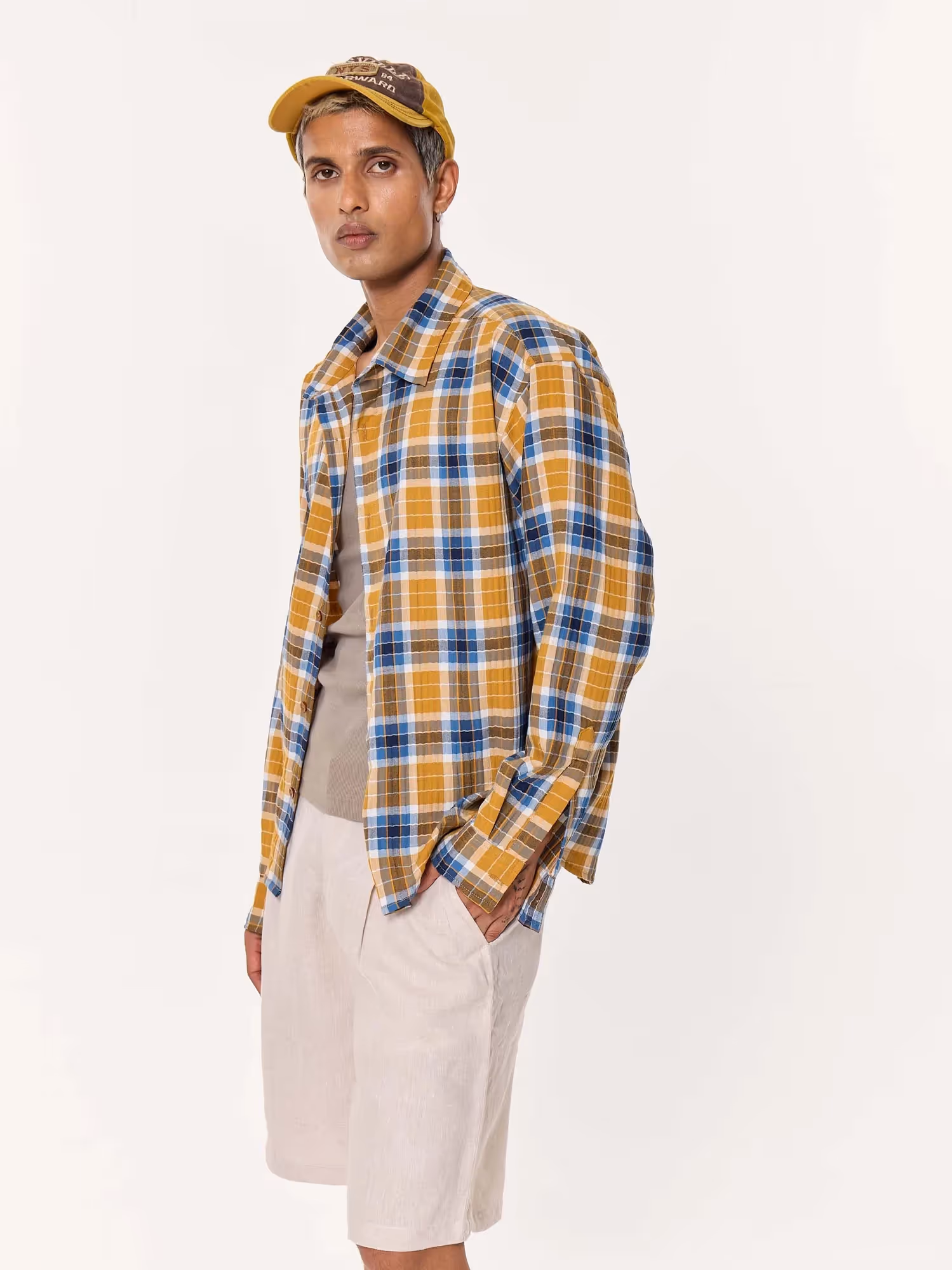 Mustard Yellow Multichecked Oversized Cropped Shirt image 6