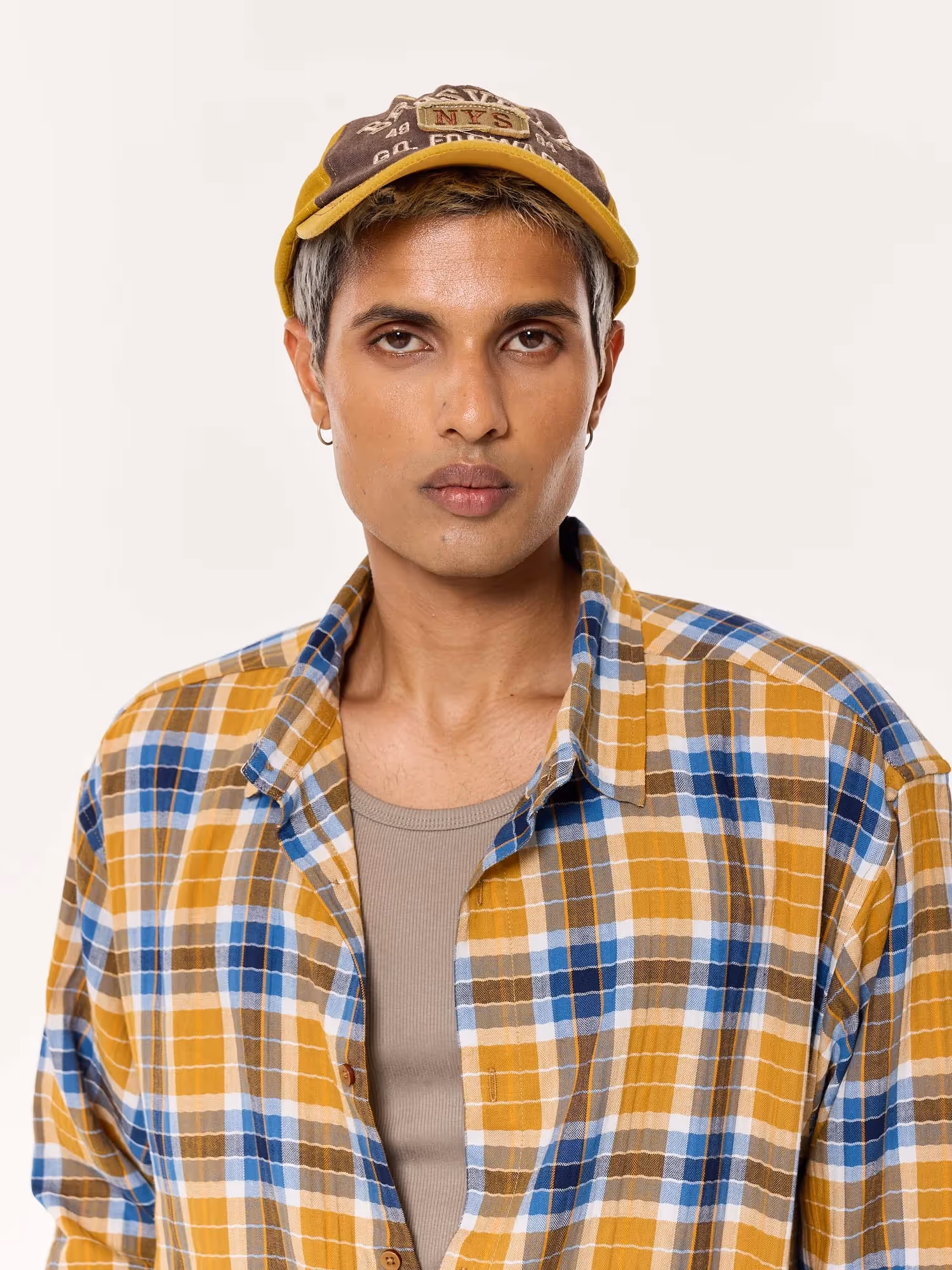 Mustard Yellow Multichecked Oversized Cropped Shirt image 8