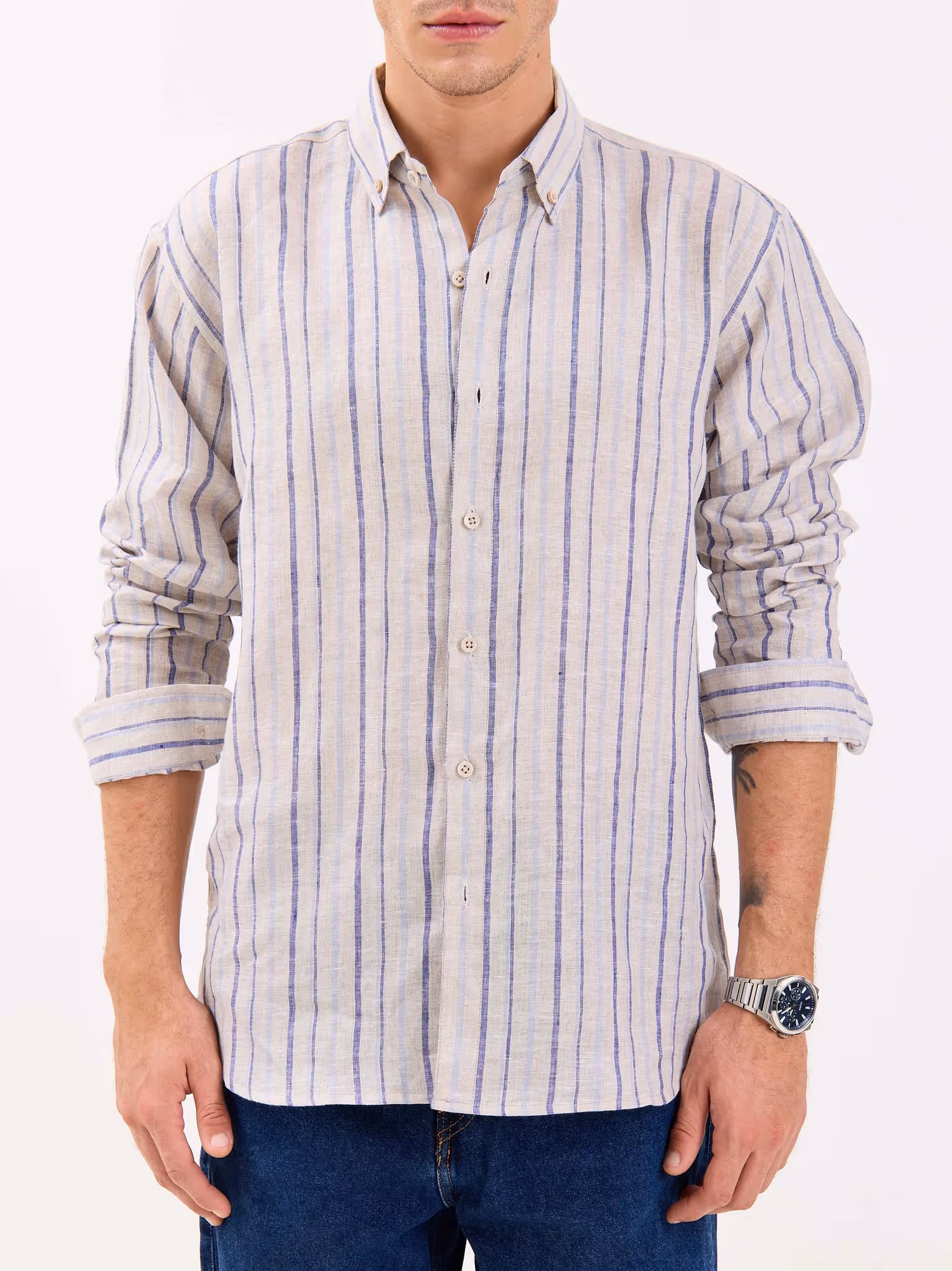 Natural Striped Irish Linen Shirt  image 3