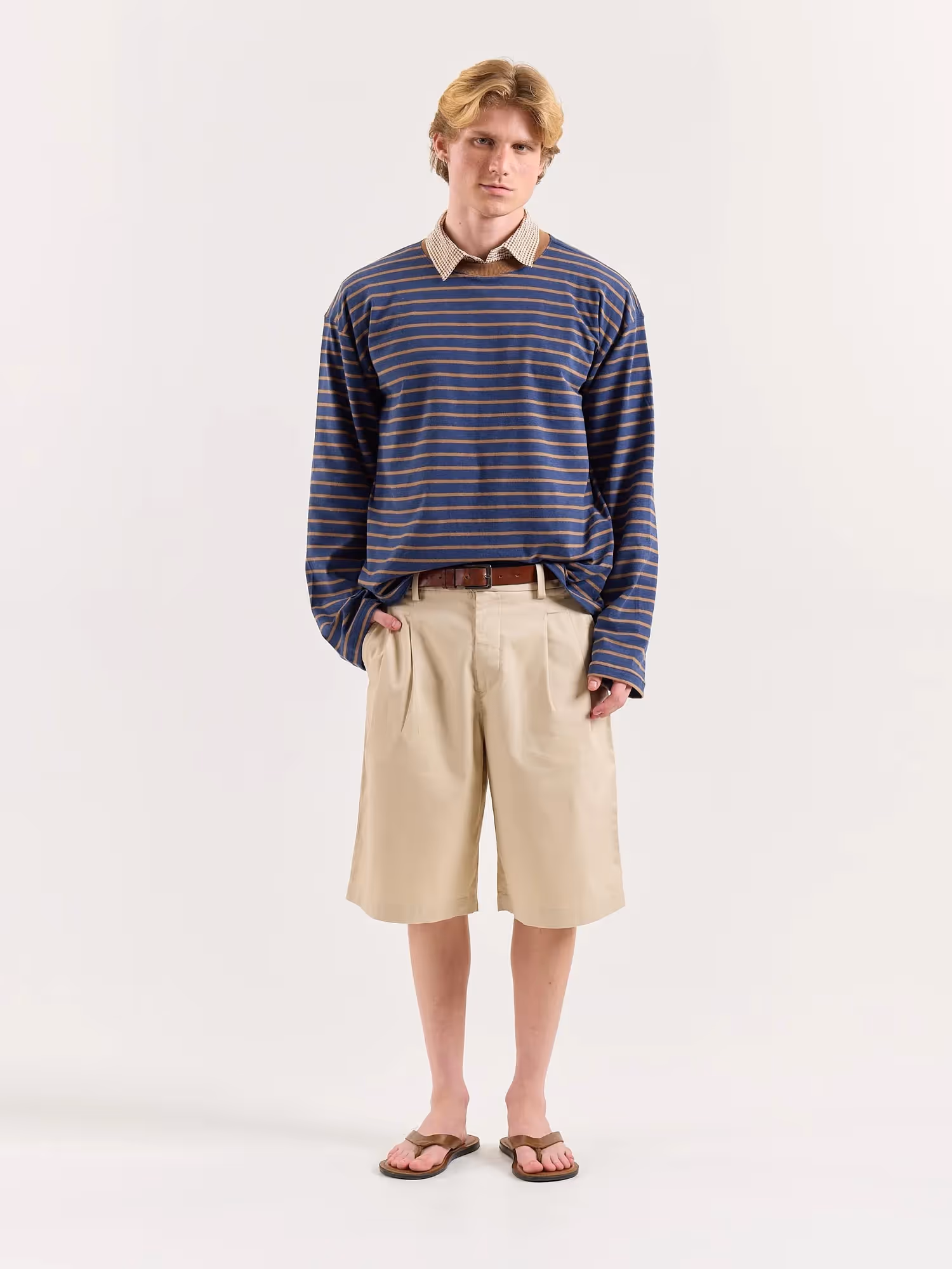 Navy & Beige Chambray Striped Cropped T-Shirt image 1