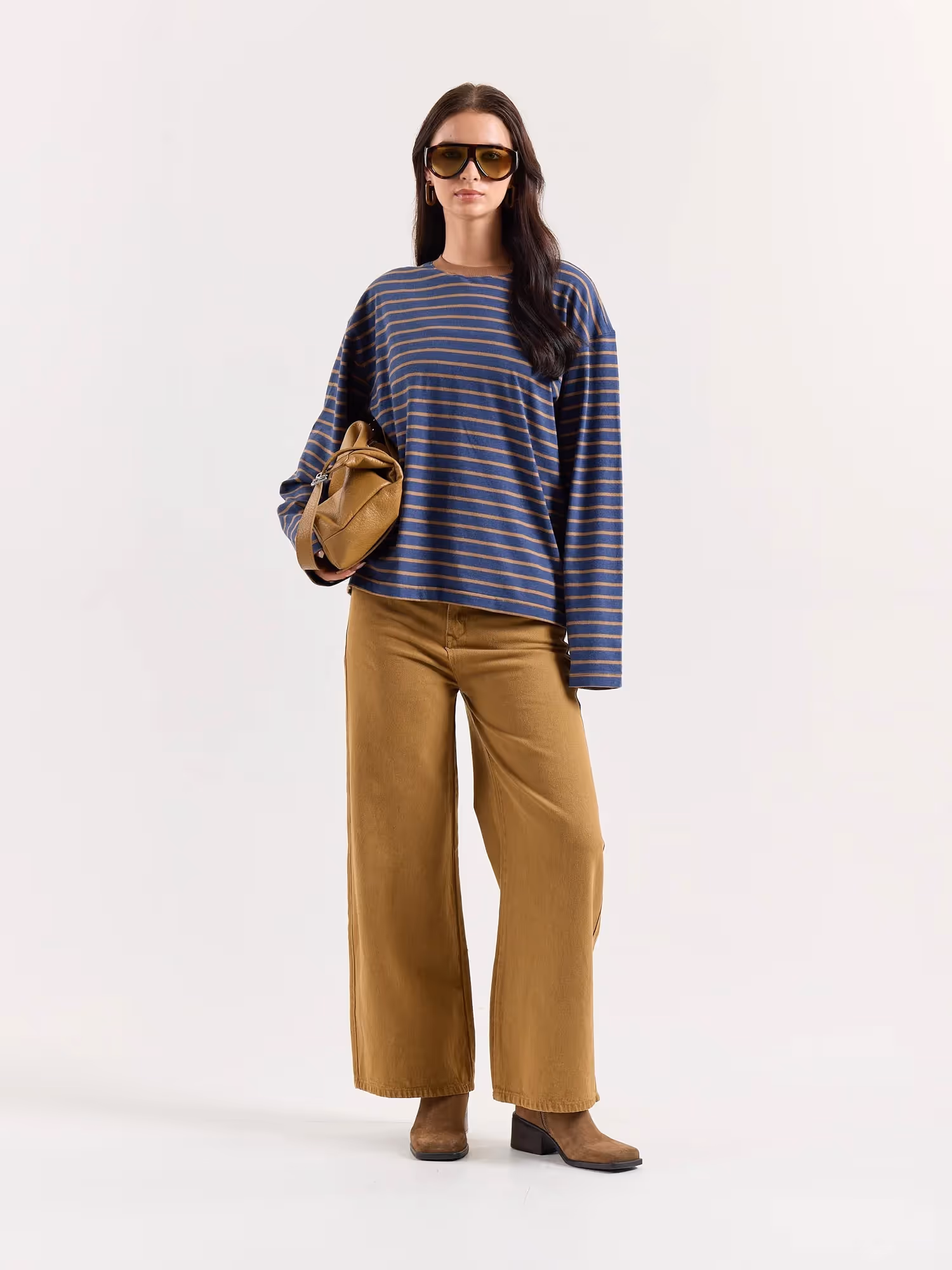 Navy & Beige Chambray Striped Cropped T-Shirt image 2