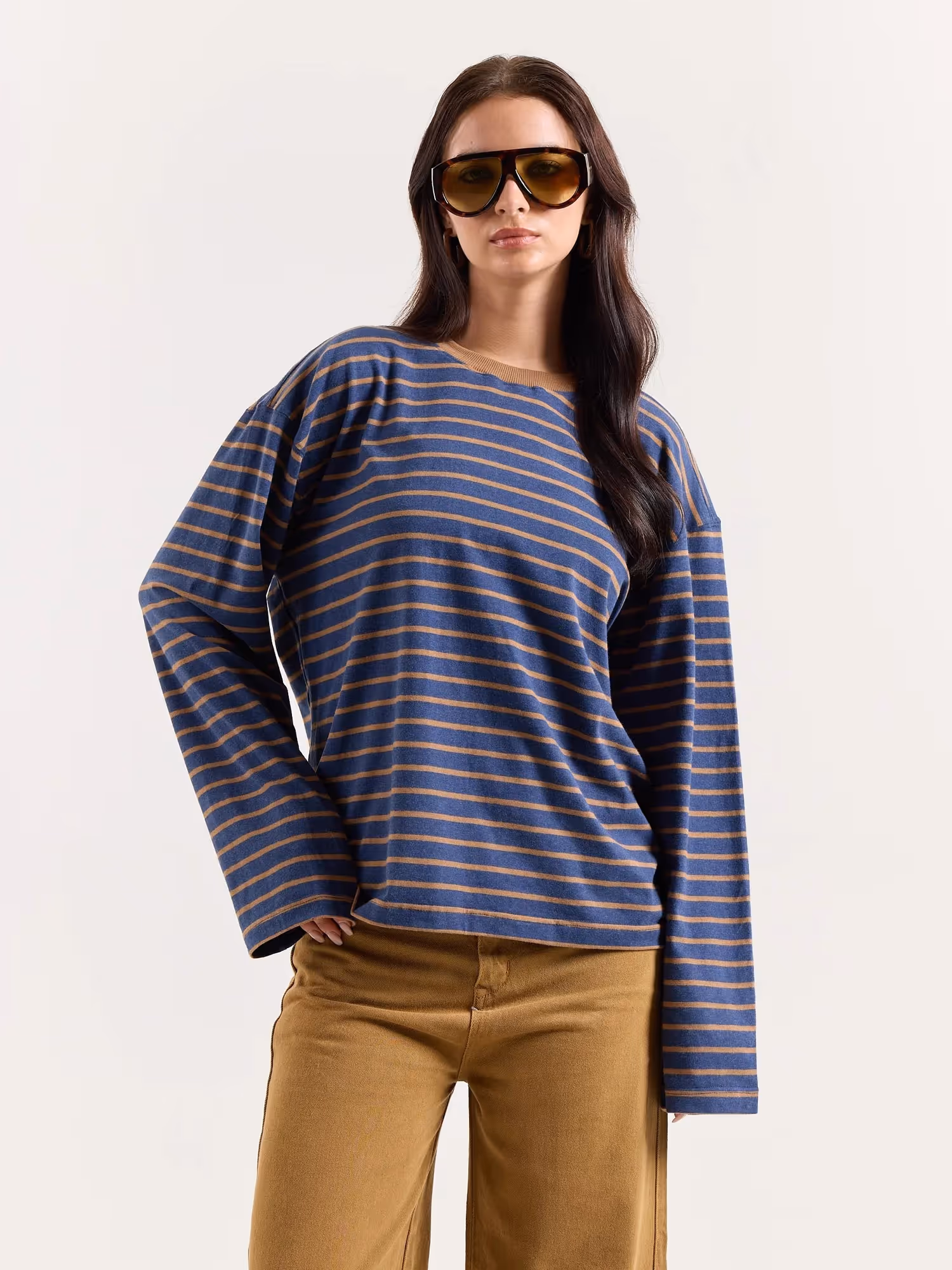 Navy & Beige Chambray Striped Cropped T-Shirt image 4