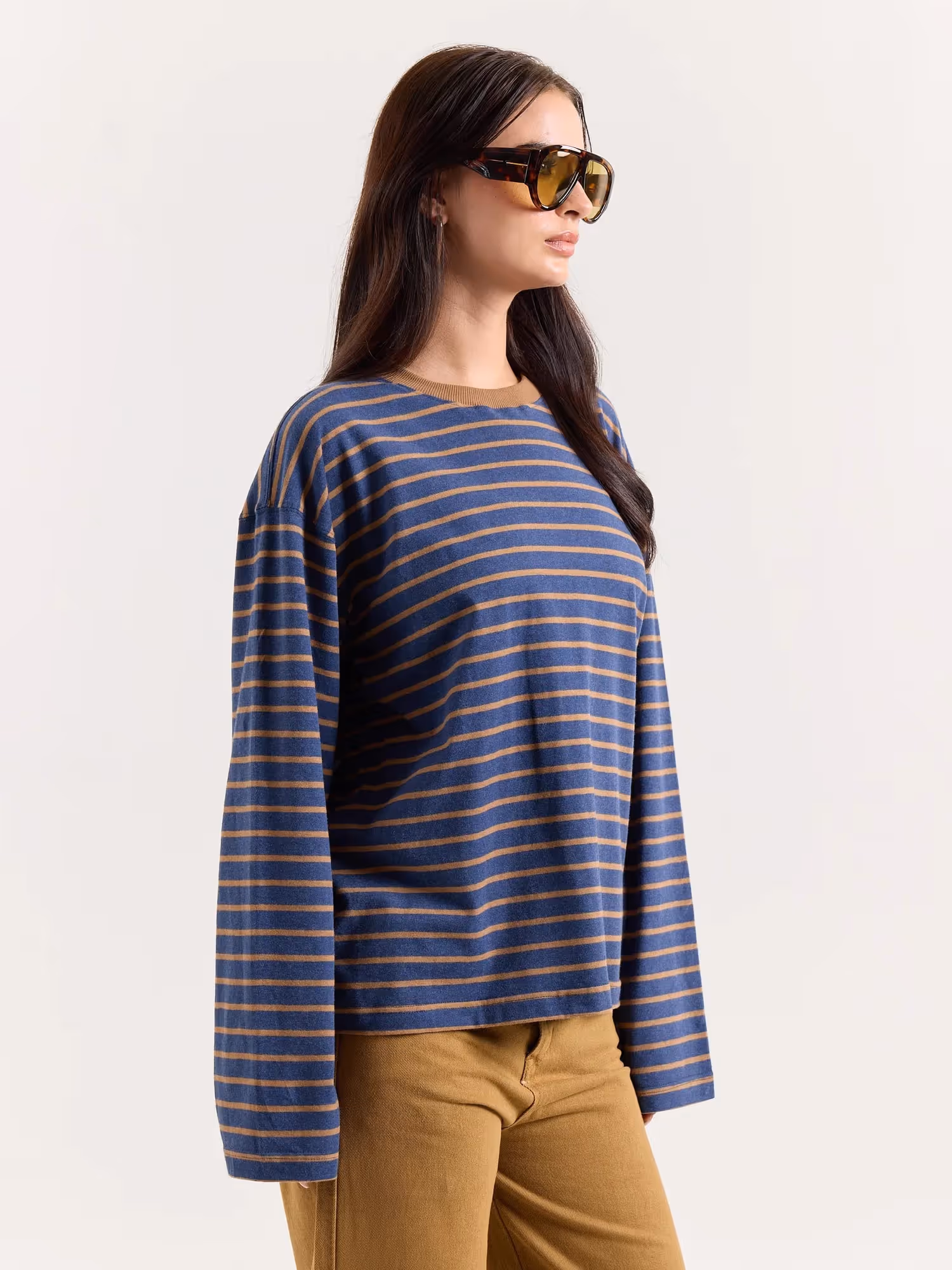 Navy & Beige Chambray Striped Cropped T-Shirt image 5