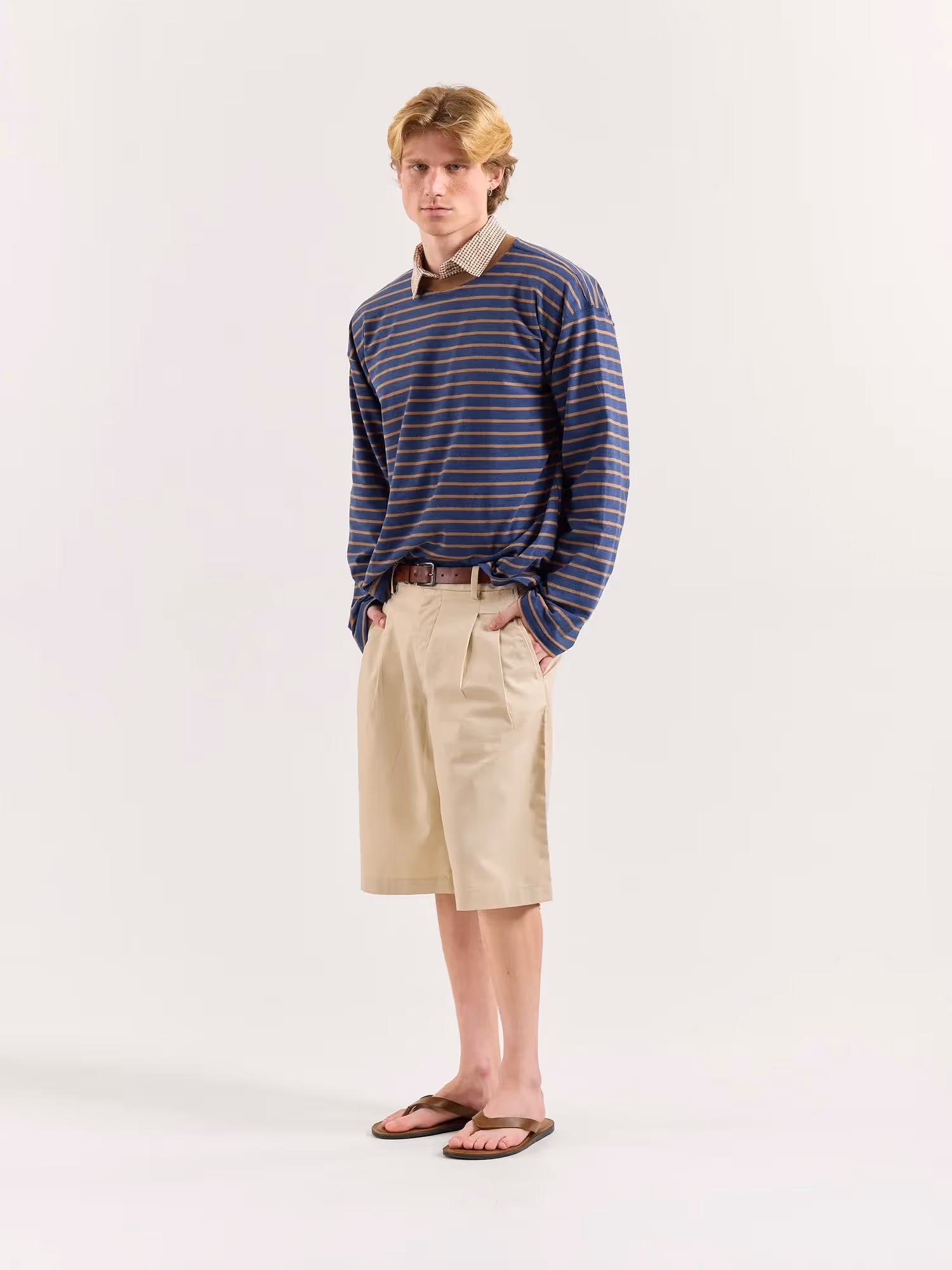 Navy & Beige Chambray Striped Cropped T-Shirt image 7