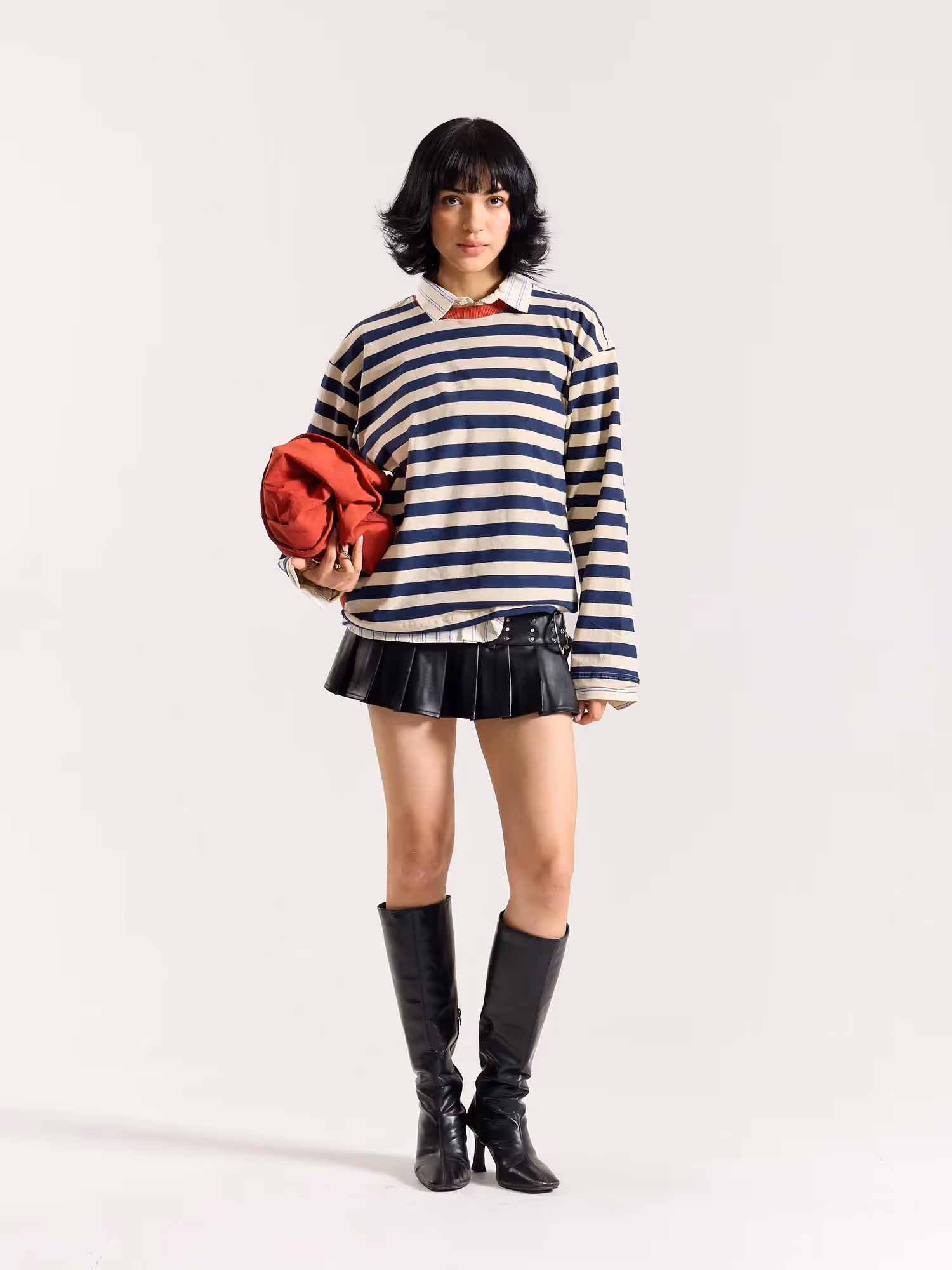 Navy & Cream Thick Striped Loose Fit Cropped T-Shirt  image 2