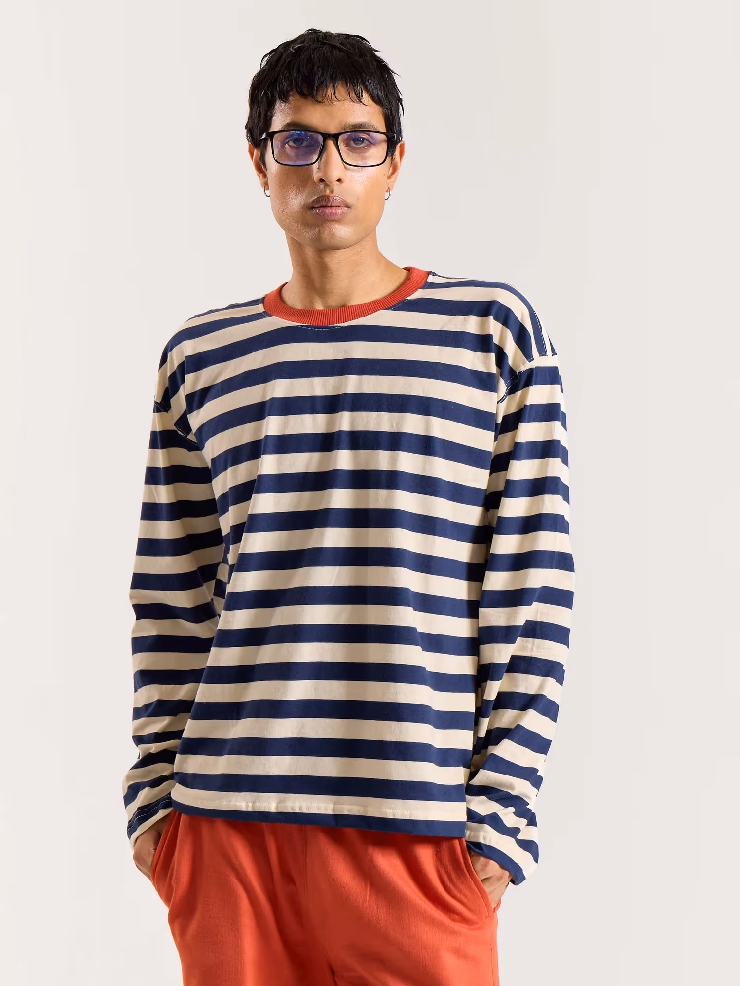 Navy & Cream Thick Striped Loose Fit Cropped T-Shirt  image 3