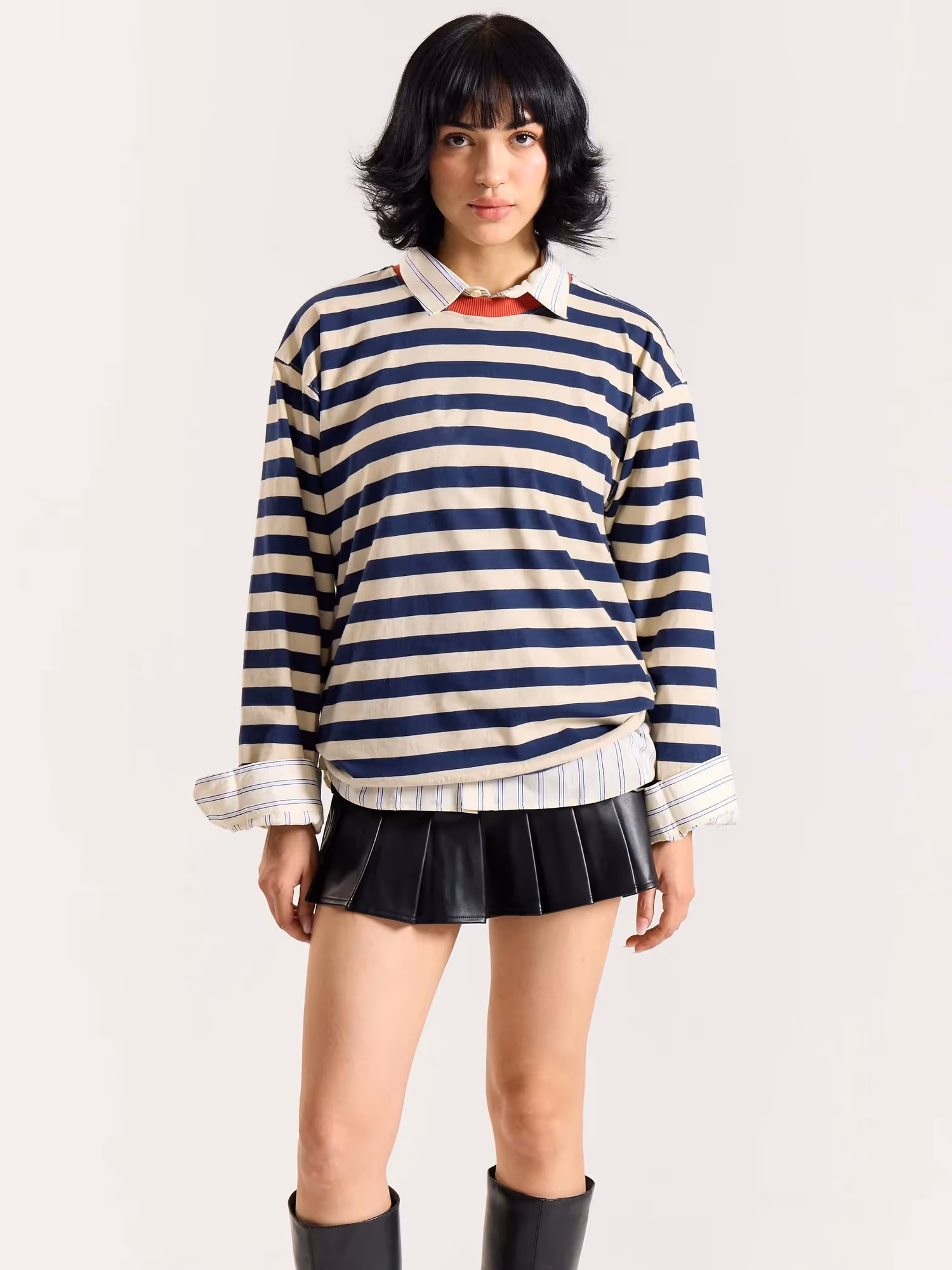 Navy & Cream Thick Striped Loose Fit Cropped T-Shirt  image 4