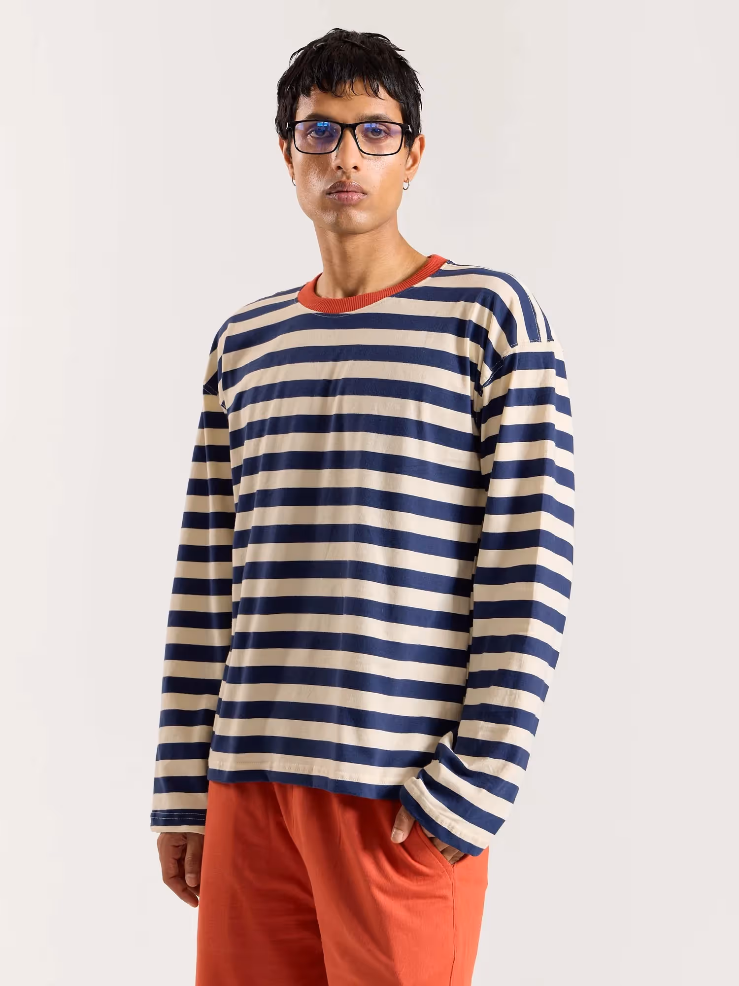 Navy & Cream Thick Striped Loose Fit Cropped T-Shirt  image 5