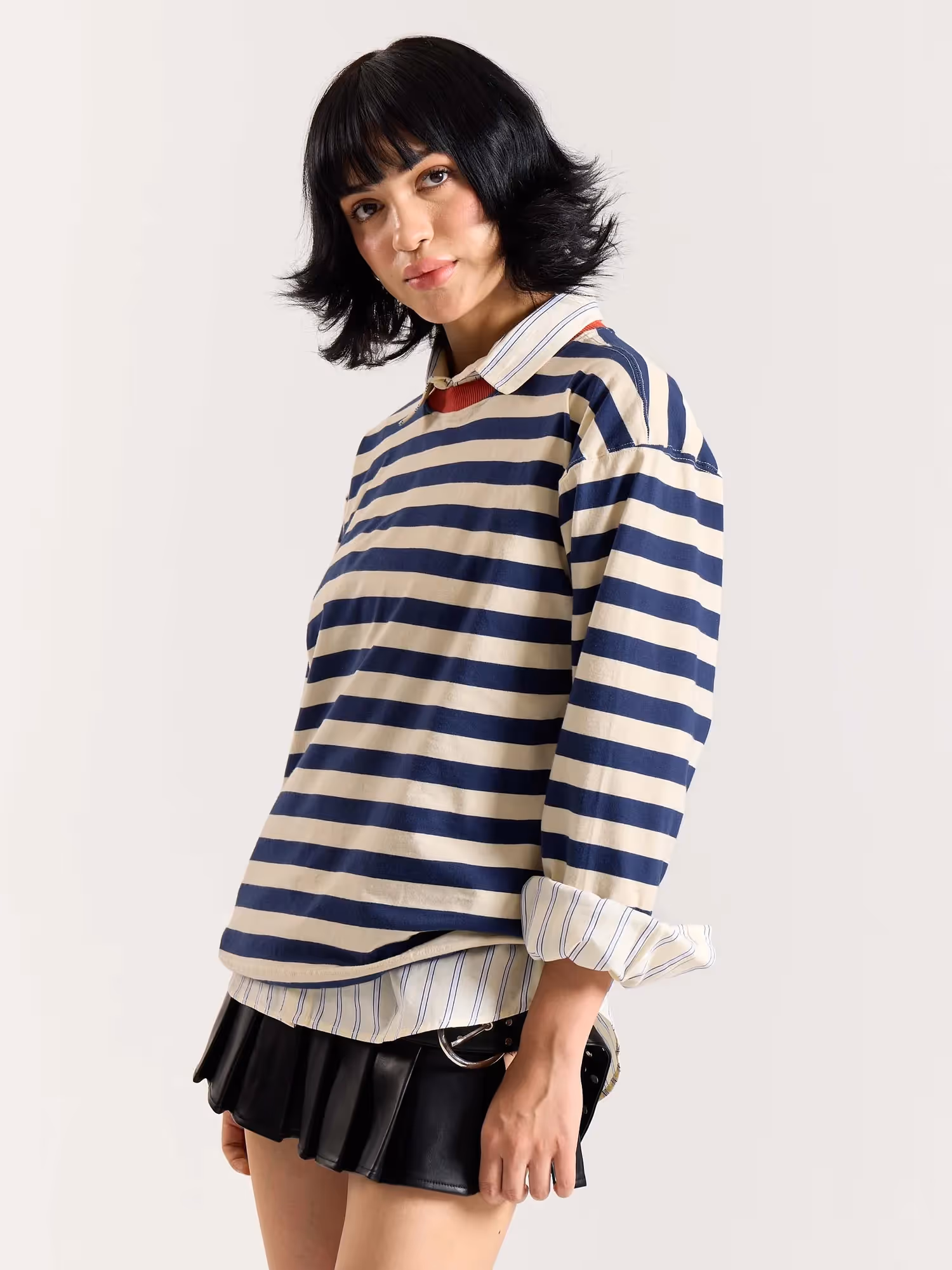 Navy & Cream Thick Striped Loose Fit Cropped T-Shirt  image 6