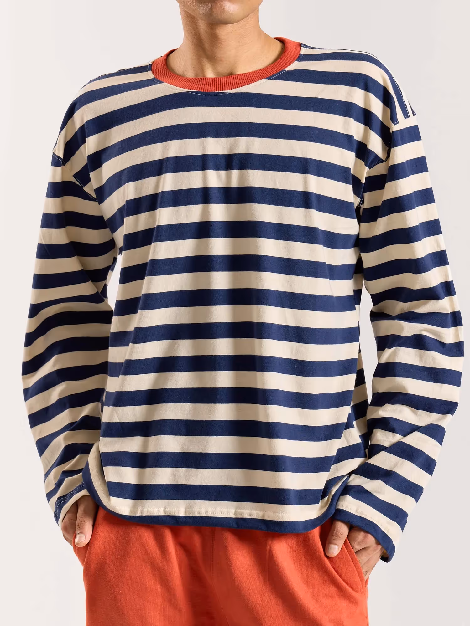 Navy & Cream Thick Striped Loose Fit Cropped T-Shirt  image 8