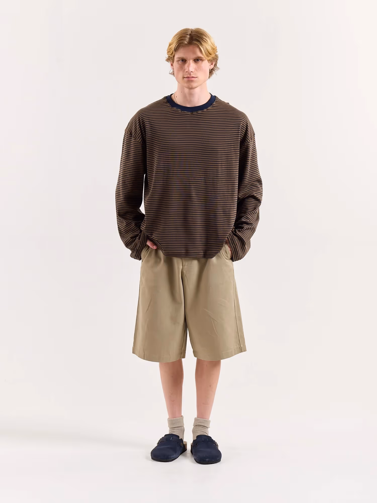 Navy and Dark Beige Knit Striped Loose Fit Cropped T-Shirt image 1