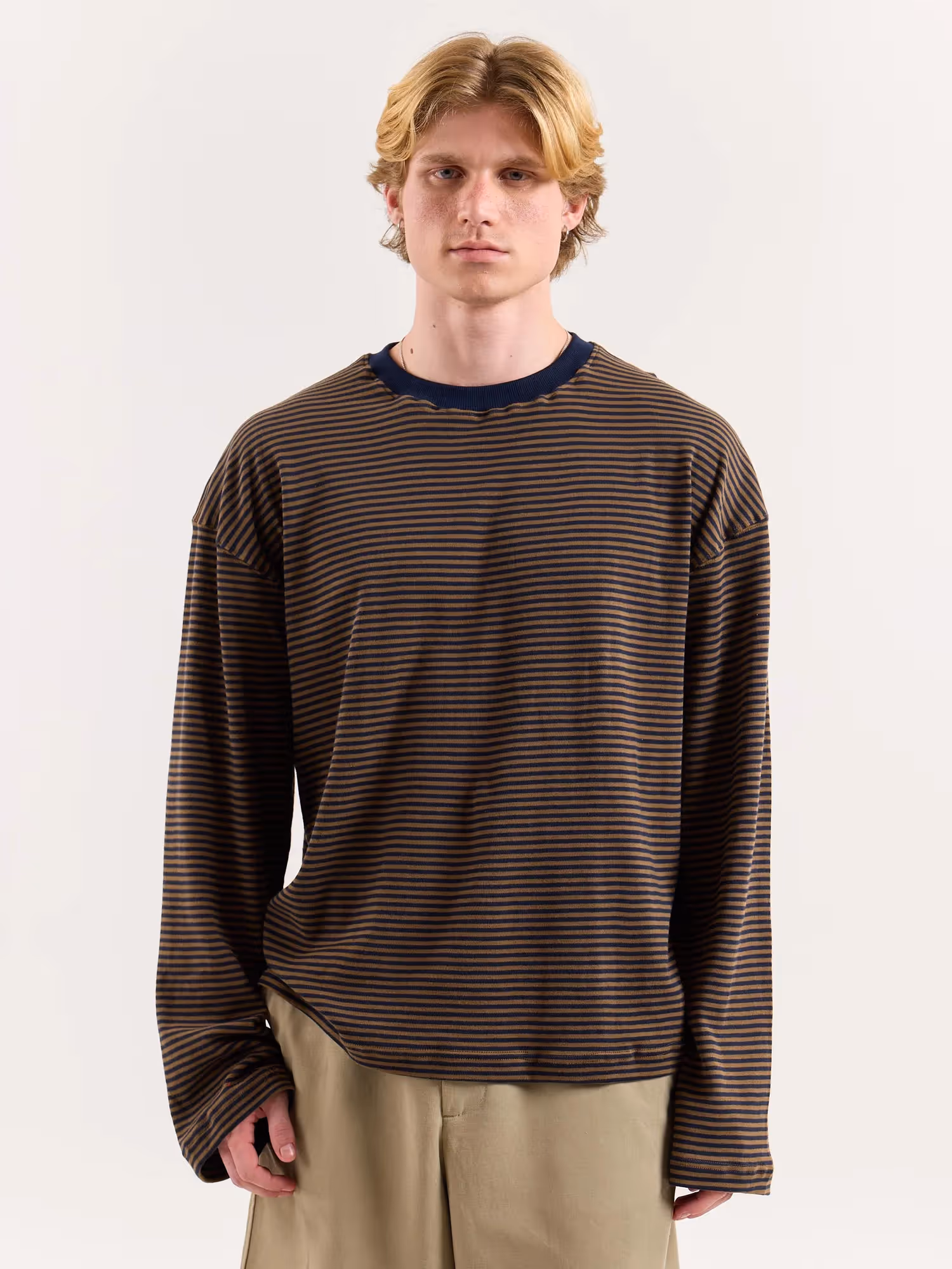 Navy and Dark Beige Knit Striped Loose Fit Cropped T-Shirt image 3