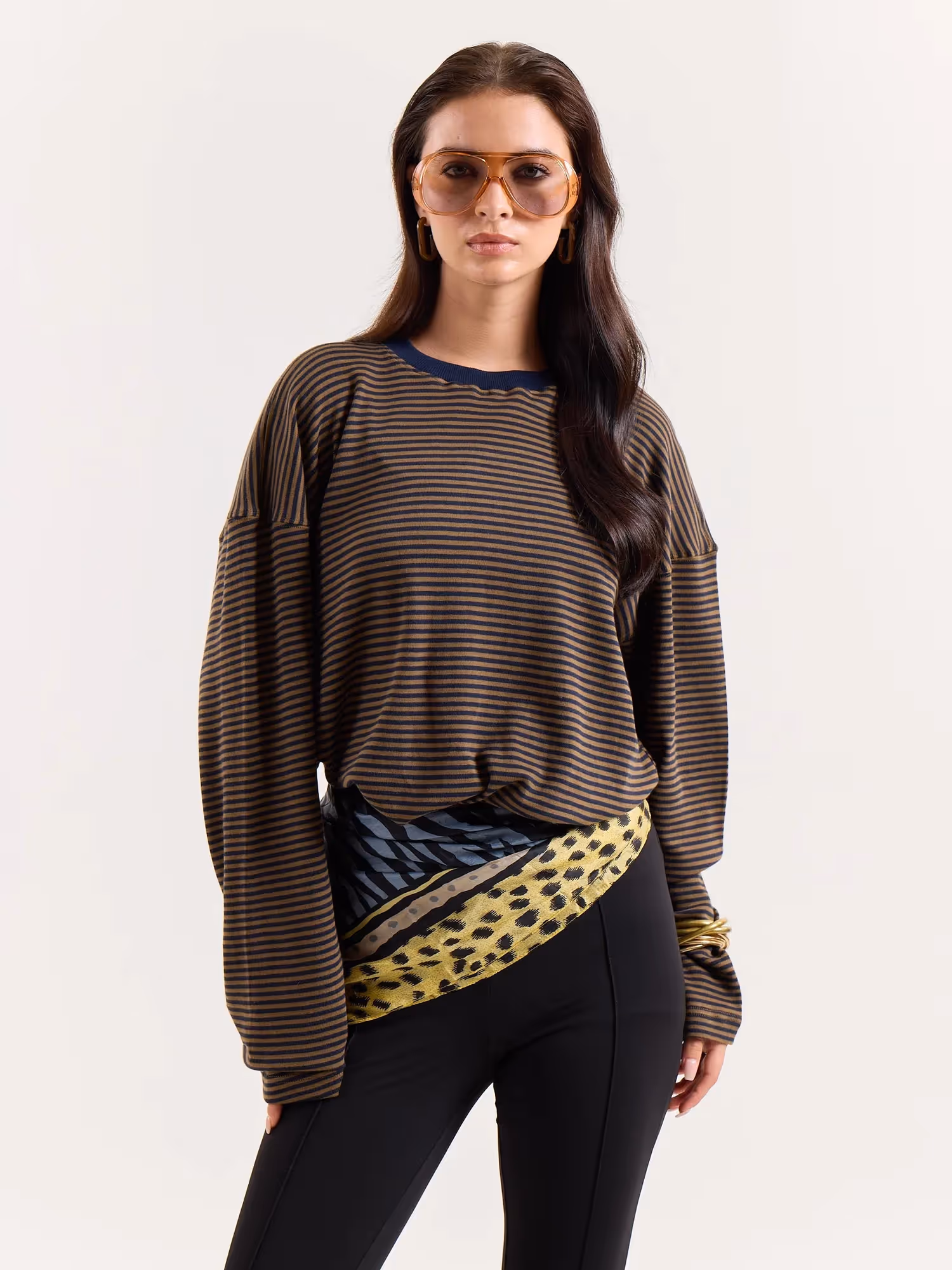 Navy and Dark Beige Knit Striped Loose Fit Cropped T-Shirt image 4