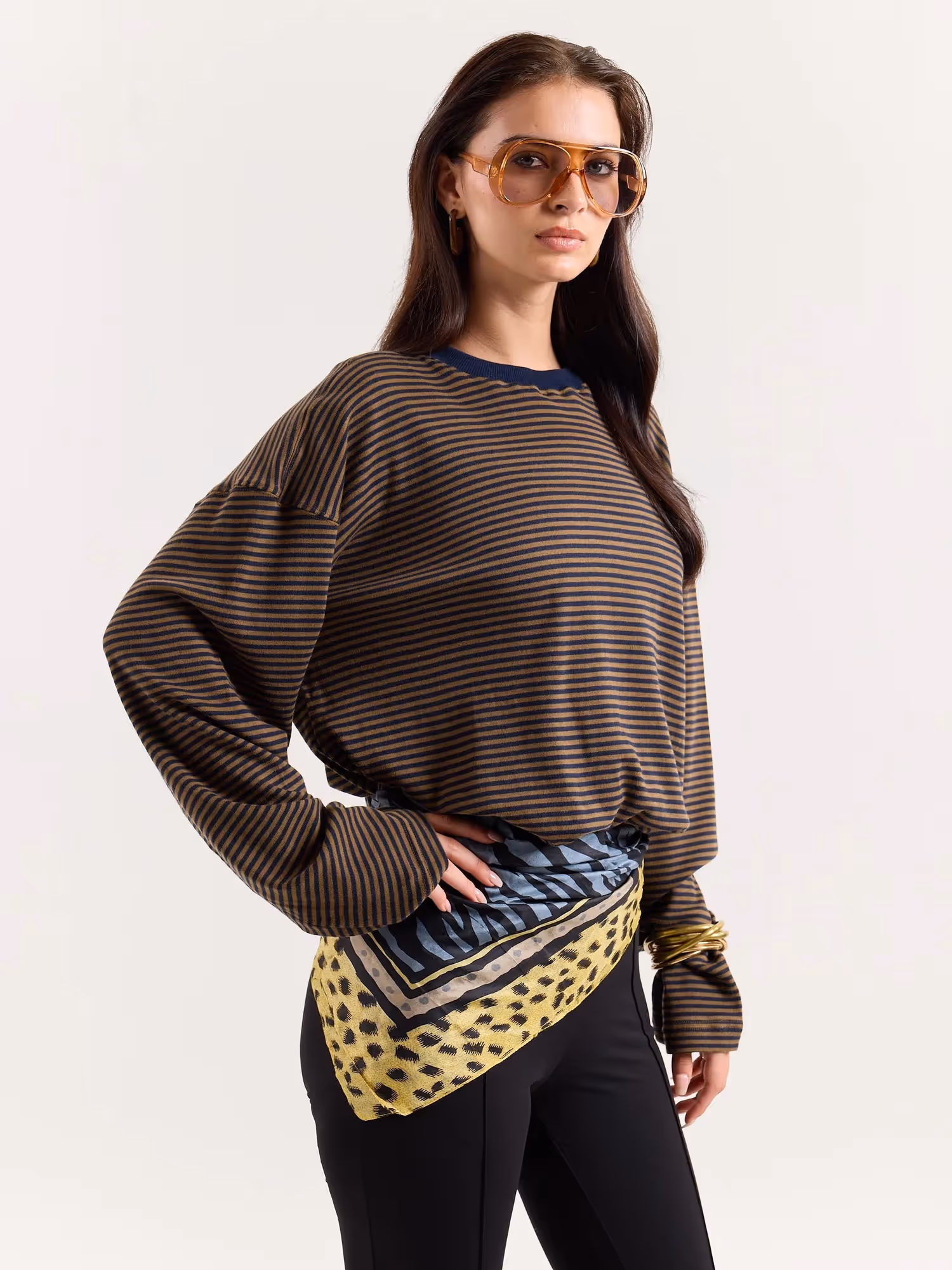 Navy and Dark Beige Knit Striped Loose Fit Cropped T-Shirt image 5